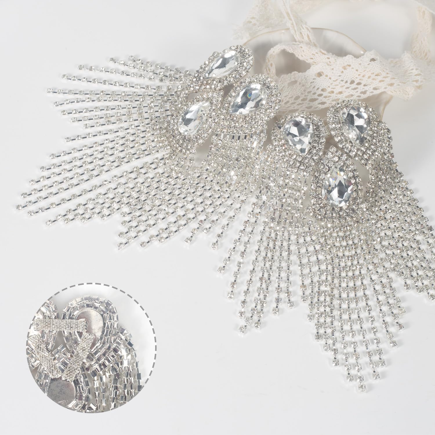 2 Pcs Silver Crystal Fringe Shoulder Epaulettes - Waterdrop Design Rhinestone Tassel Appliques for Women's Fashion Clothing & Accessories | Perfect for Evening Dresses, Costumes & Party Outfits