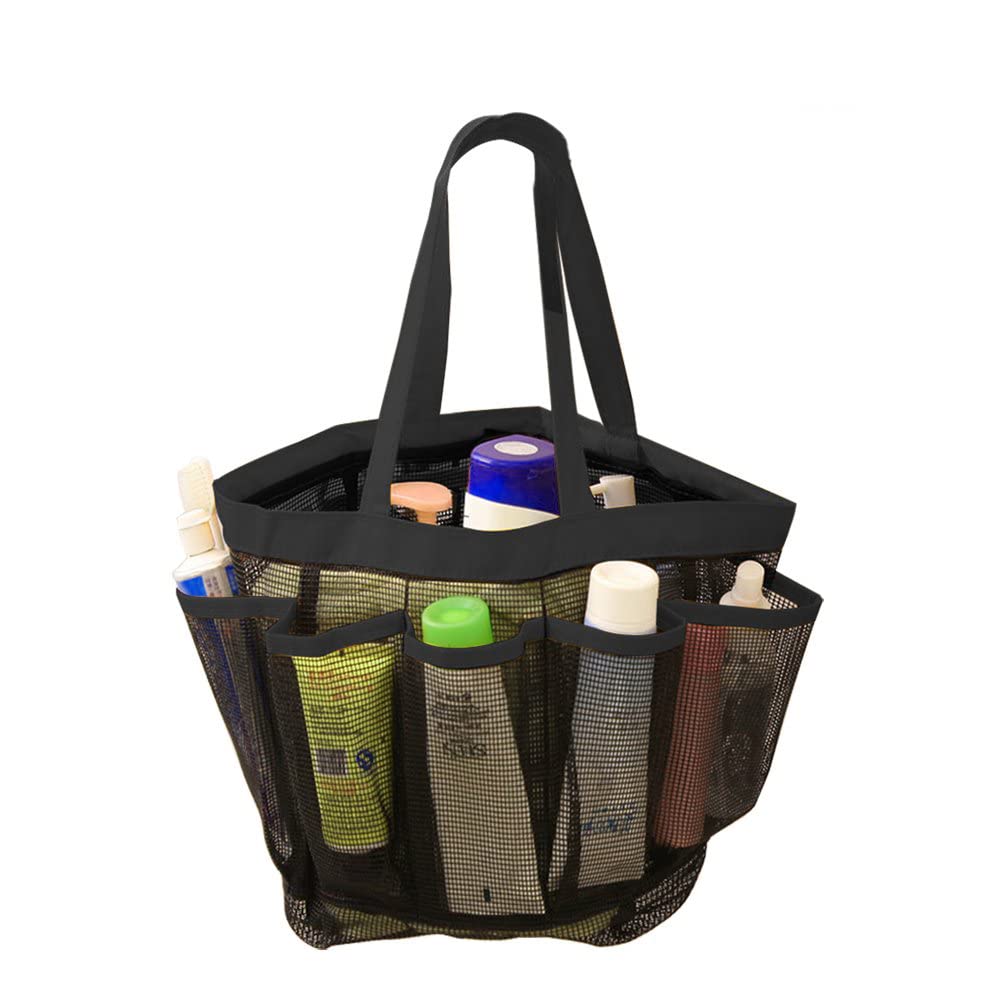 KAIAIWLUO Mesh Shower Caddy Organizer - Portable Quick-Dry Shower Tote Bag with 8 Pockets & Carry Handle for Gym, Travel, Swimming, Camping - Perfect for Bathroom Storage & Toiletries Organization (Black)