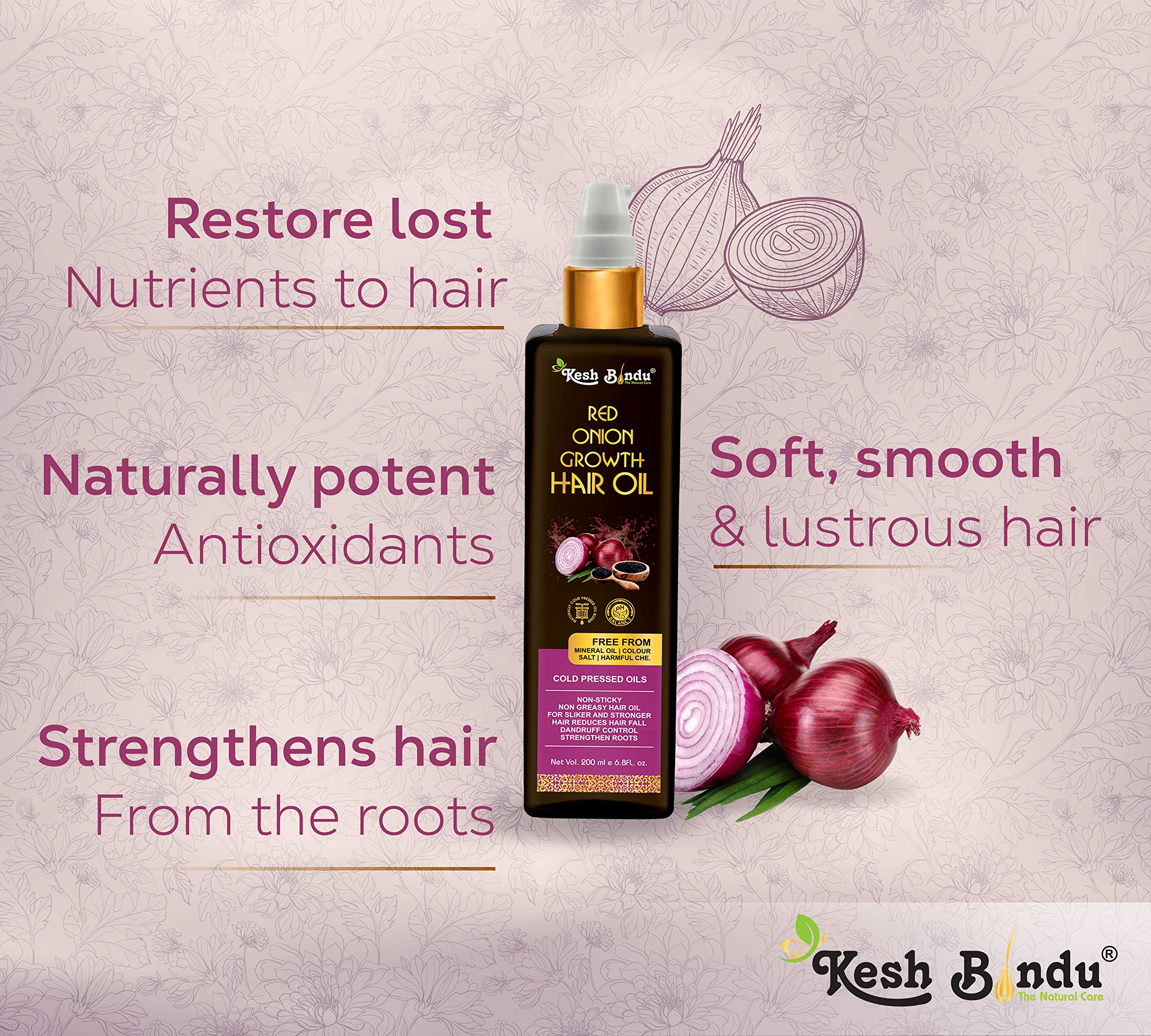 KESHBINDU Onion Hair Oil with Black Seed Oil Extracts - Reduces Hair Fall & Promotes Growth with Redensyl - 100% Natural, No Mineral Oil, Silicones or Synthetic Fragrances | 200ml Hair Treatment Oil for Thinning Hair, Dry Scalp & Daily Nourishment
