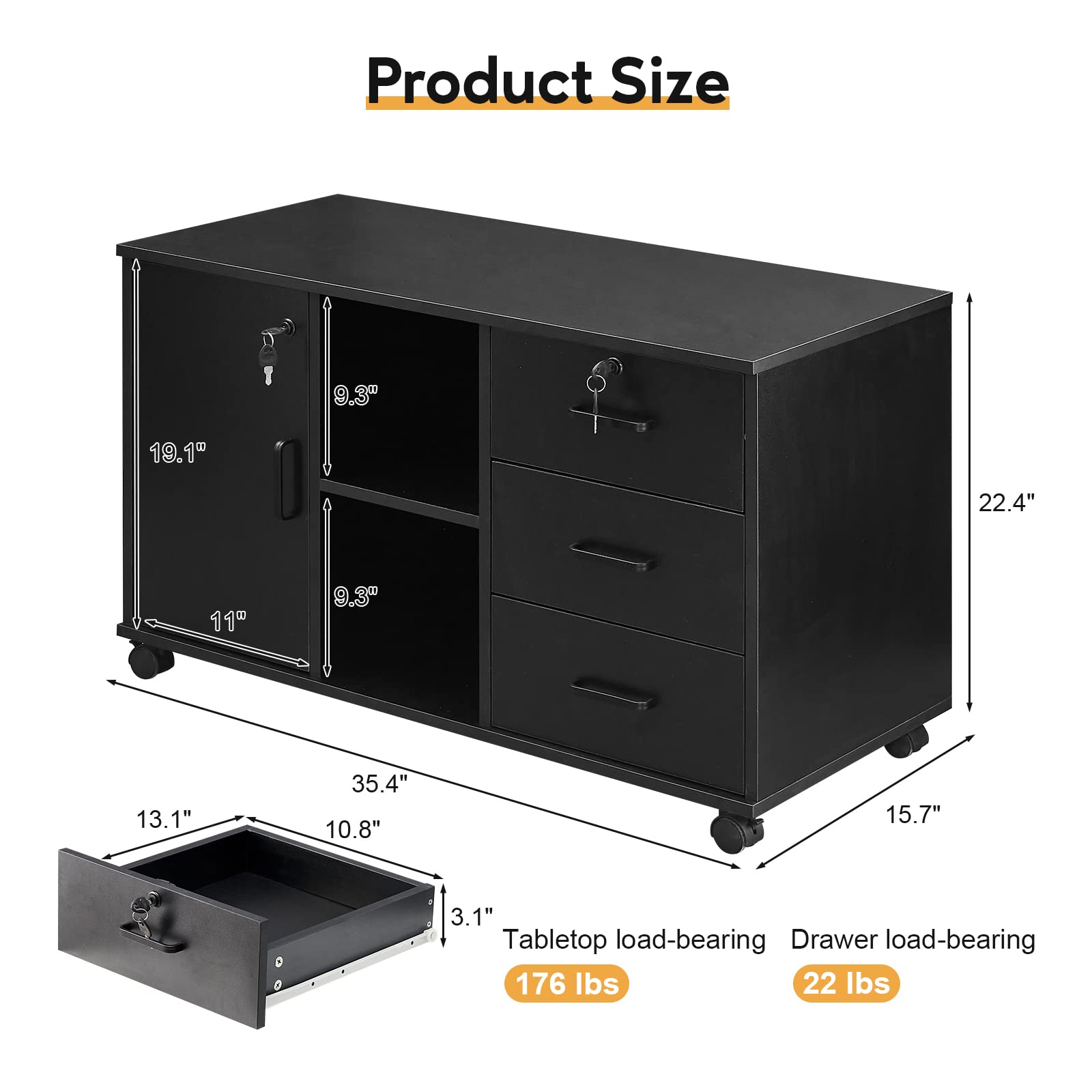 CLIPOP Mobile Office Cabinet with 3 Drawers (1 Lockable) - Under Desk Rolling File Storage Cabinet with Open Shelves & 5 Wheels - Printer Stand Organizer for Home Office (Black) - Perfect for Small Spaces, Document Storage & Workspace Organization