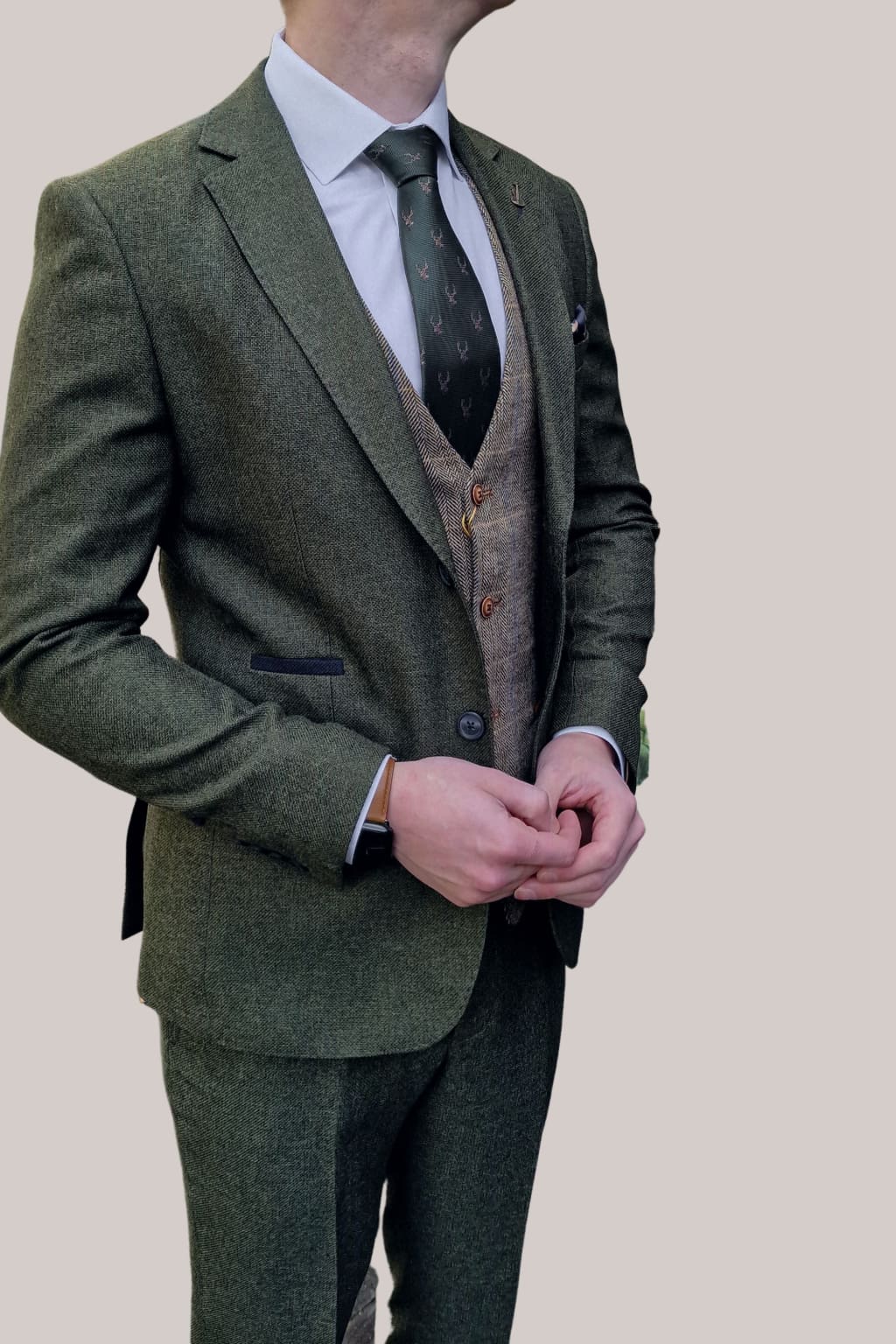 Fratelli Robbie Men's Green Tweed Suit with Marc Darcy Tan Tweed Waistcoat | Classic 3-Piece Wedding Suit | Perfect for Formal Events, Business Meetings & Special Occasions