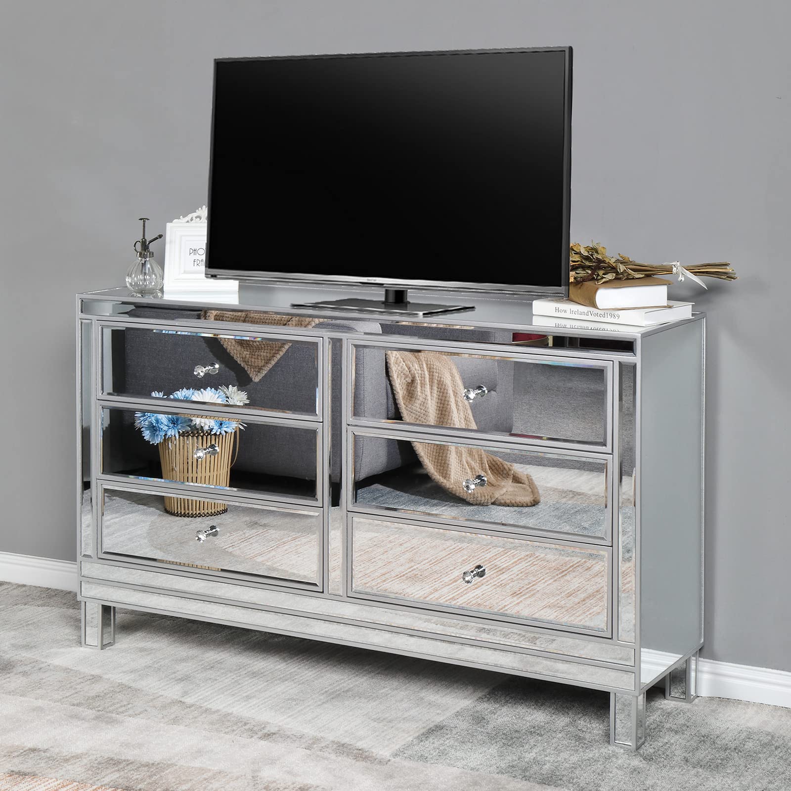 MengK Brand Unique Mirrored Glass TV Stand with 6 Drawers - Modern Entertainment Center for Living Room, Bedroom & Home Theater