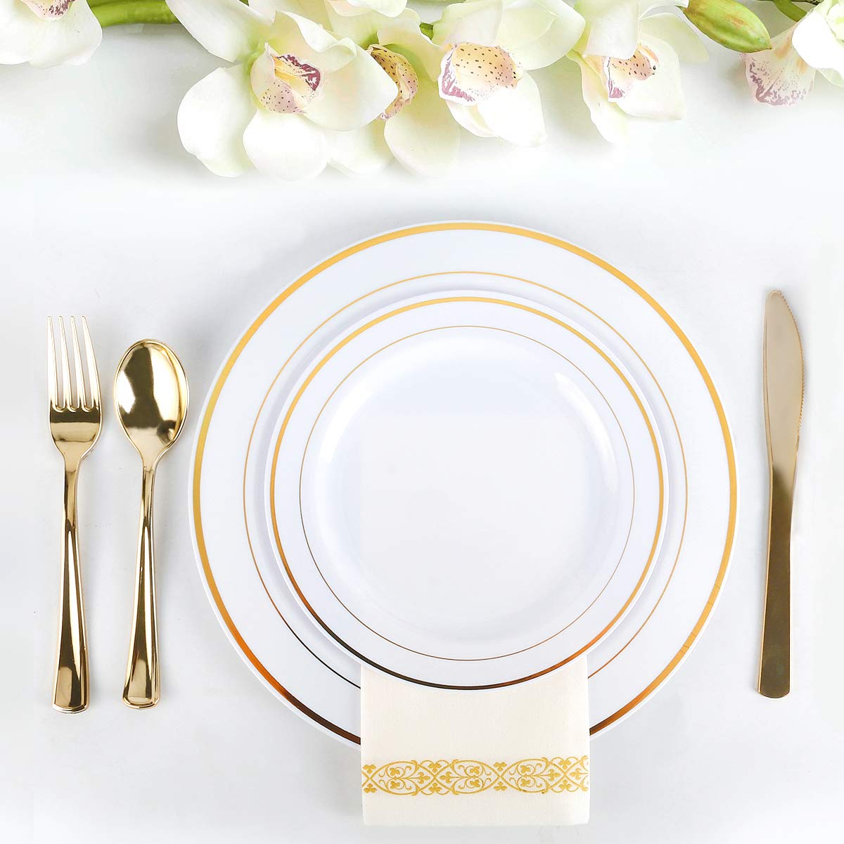 175-Piece Gold Disposable Dinnerware Set - 50 Gold Rim Plastic Plates, 25 Gold Plastic Silverware, 25 Gold Plastic Cups & 25 Gold Paper Napkins - Elegant Party Tableware for Weddings, Birthdays & Special Events