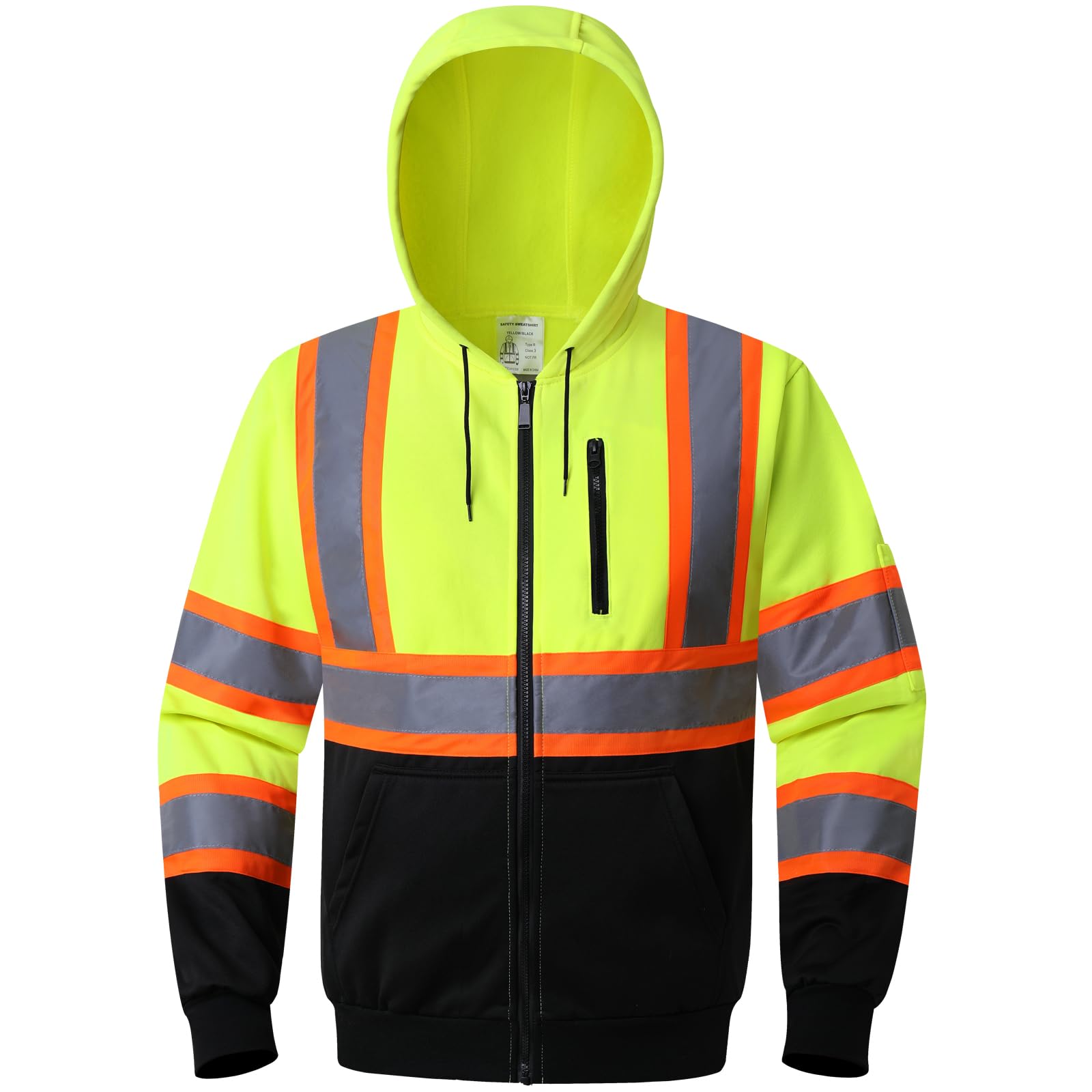 Class 3 High Visibility Safety Hoodie for Men & Women - Reflective Full Zip Fleece Sweatshirt with Black Bottom & Pockets | Perfect for Construction, Road Work & Nighttime Outdoor Activities (KZV-YellowLink-M)