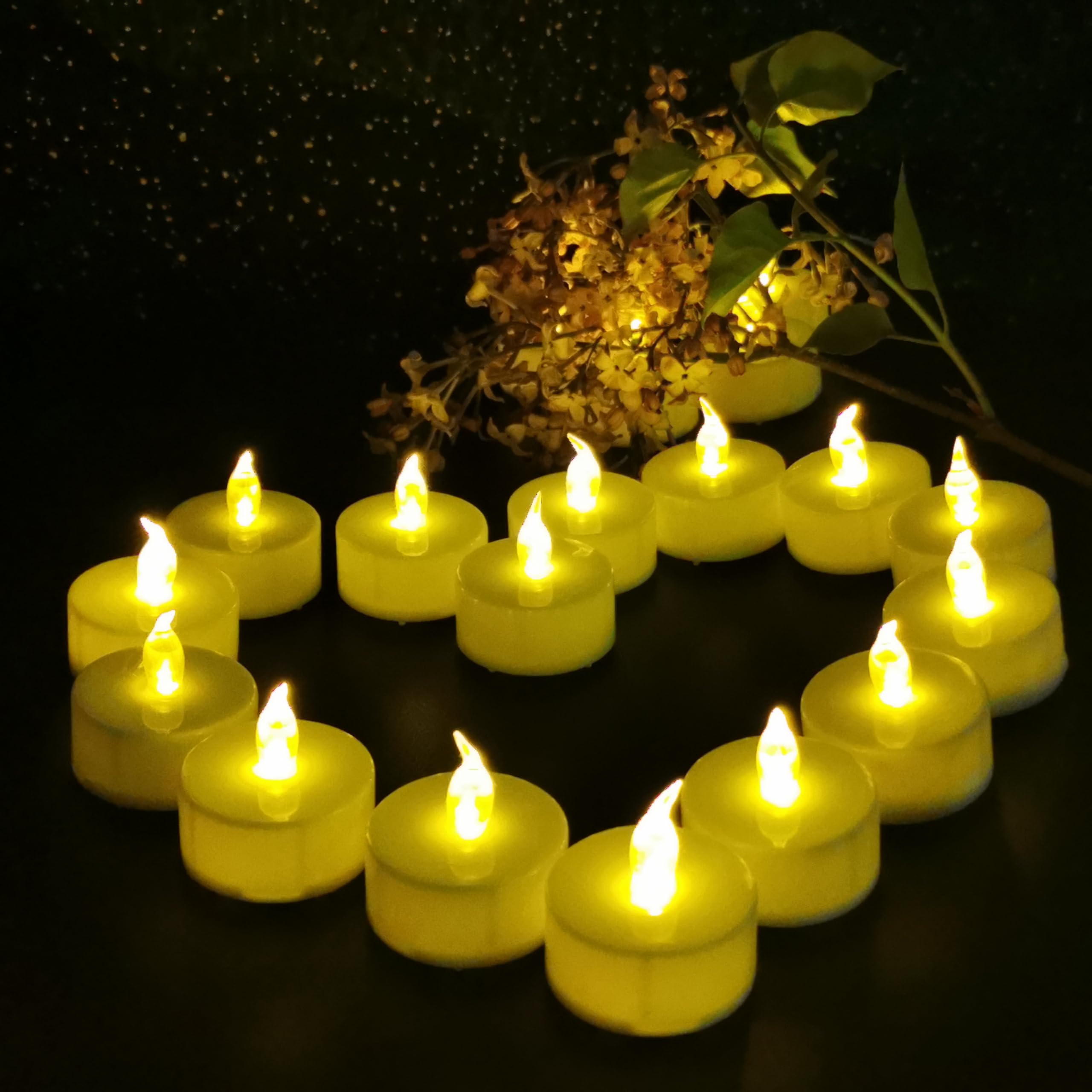 24 Pack LED Tea Lights - Battery Operated Flameless Candles with Realistic Flickering Effect, Warm Yellow Decorative Lights for Wedding, Party, Home Decor & Centerpieces
