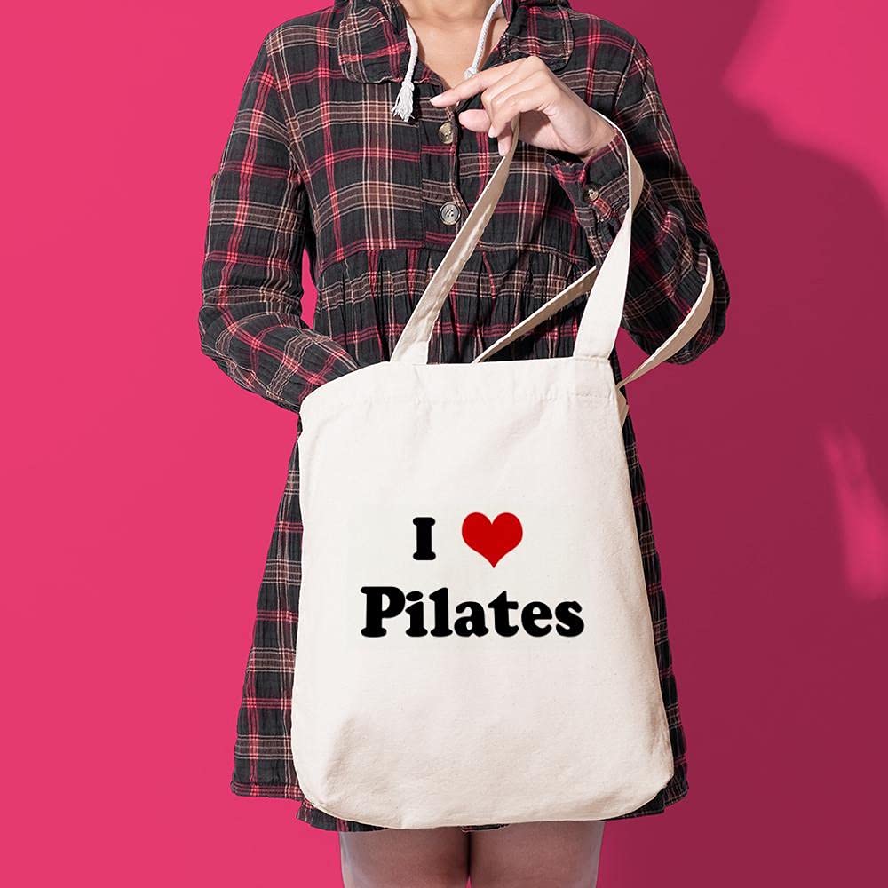 I Love Pilates Tote Bag - Natural Canvas Reusable Shopping Bag for Yoga & Gym - Eco-Friendly Grocery Tote for Workouts, Errands & Beach