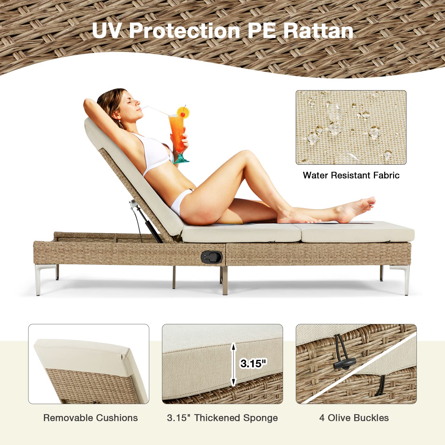 HOMREST Outdoor Chaise Lounge Chair - Adjustable Wicker Patio Lounge Chair with Removable Cushion & Pneumatic Backrest, Rattan Sunbathing Pool Chair for Garden, Backyard, Beach (Khaki) | Perfect for Relaxing, Sunbathing & Outdoor Lounging