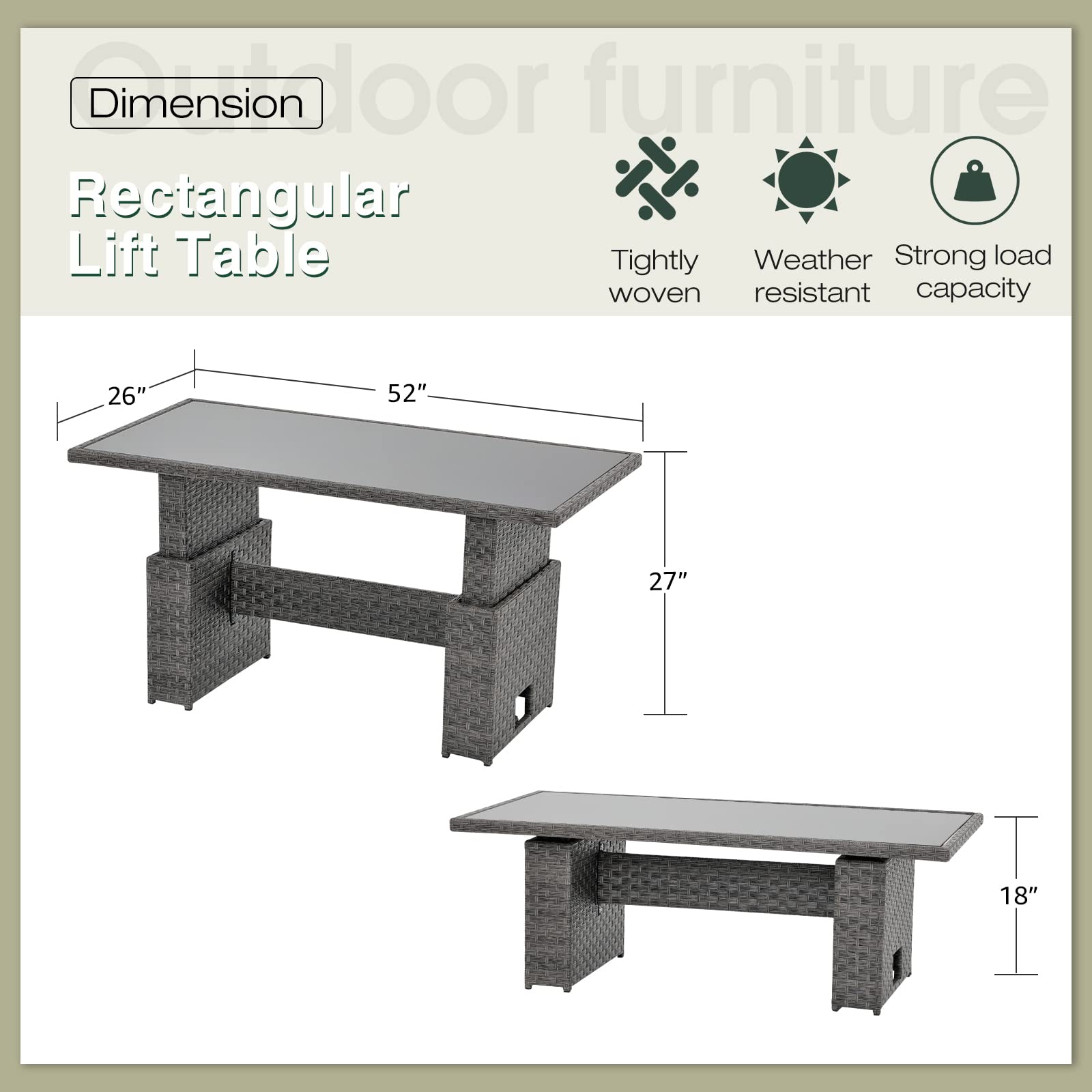 Outdoor Patio Lift Dining Table - Rectangle Wicker Coffee Table with Tempered Glass Top | Multi-Function Furniture for Backyard, Deck, Garden | Grey | Perfect for Outdoor Entertaining, Poolside Lounging & Alfresco Dining