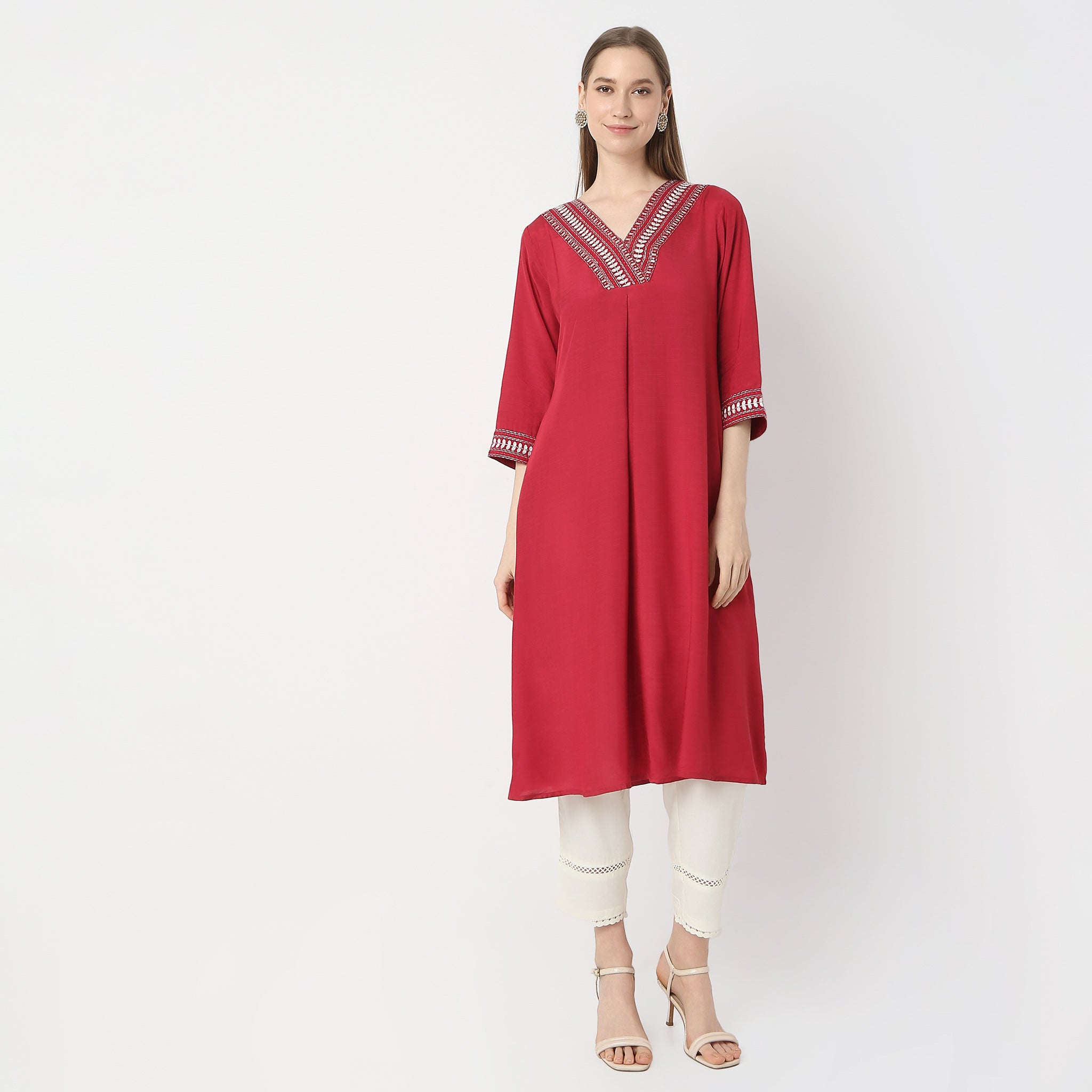 Flare Fit Embroidered Below Knee V Neck Kurta for Women - Elegant Indian Ethnic Dress for Festivals, Weddings & Special Occasions
