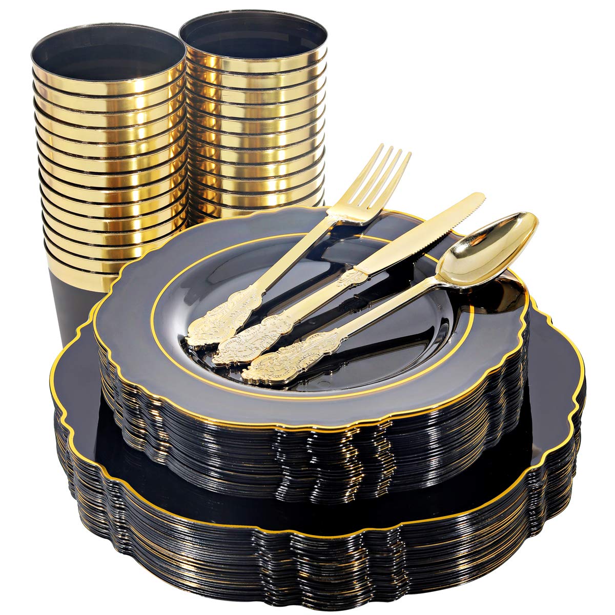 Premium 30-Piece Gold Rim Disposable Plastic Dinnerware Set - Black Plates with Gold Trim, Silverware & Cups for Parties, Weddings & Events (Includes 30 Dinner Plates, Salad Plates, Forks, Knives, Spoons & Tumblers) - Elegant Disposable Tableware for Catering, BBQs & Special Occasions