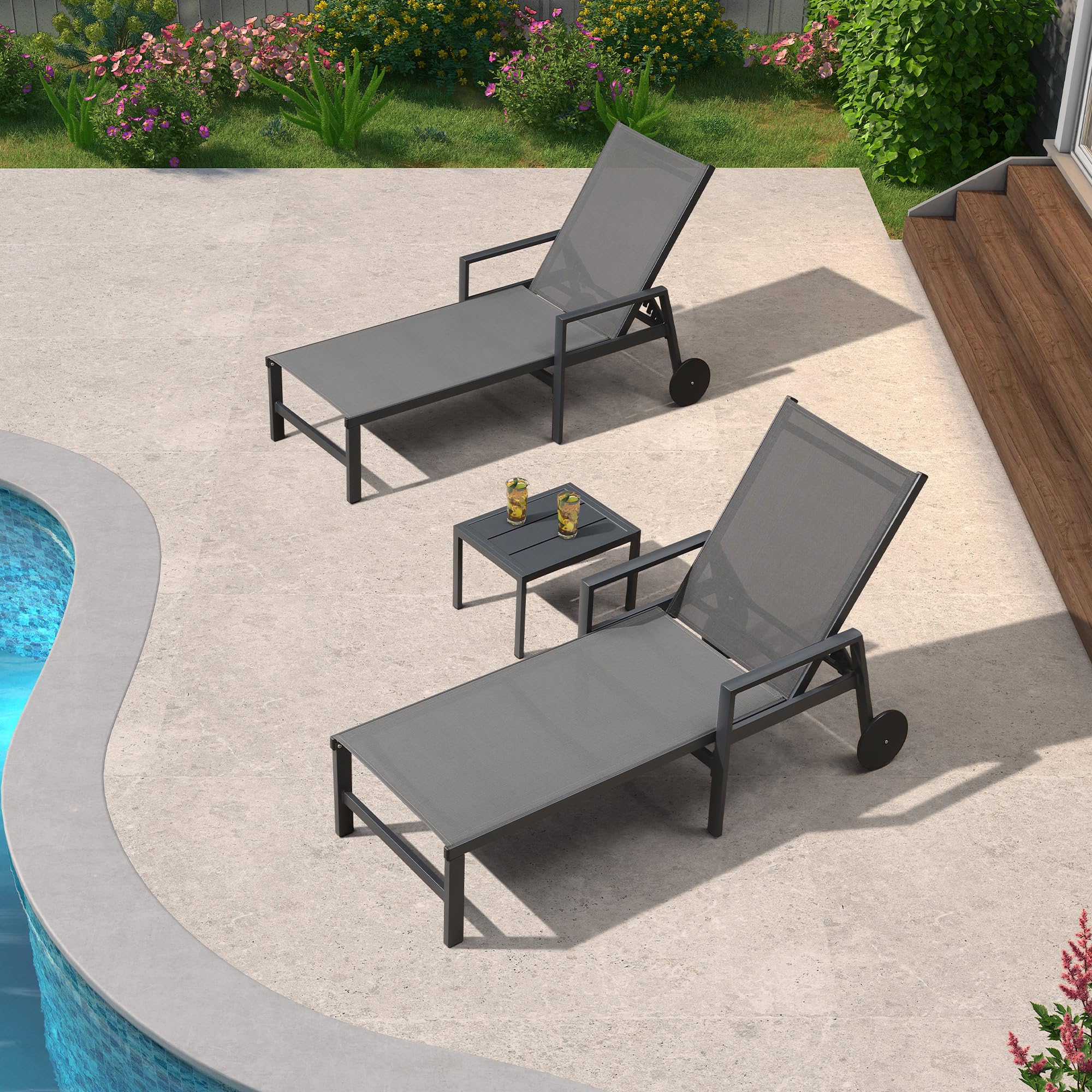 PURPLE LEAF 2-Piece Outdoor Chaise Lounge Set - Aluminum Patio Lounge Chairs with Wheels & Armrests - Grey Reclining Pool Chairs for Backyard, Beach & Patio Relaxation