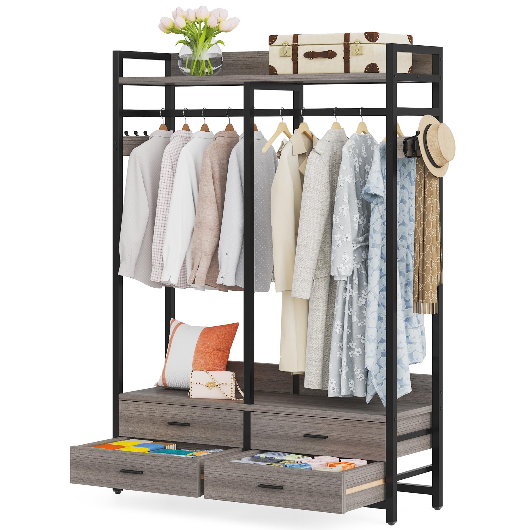 Tribesigns Heavy Duty Freestanding Closet Organizer - 4 Drawers, 8 Hooks & Storage Shelves Garment Rack for Hanging Clothes | Wardrobe Storage Solution for Bedroom, Living Room & Walk-In Closets | Space-Saving Grey Clothing Rack for Home Organization