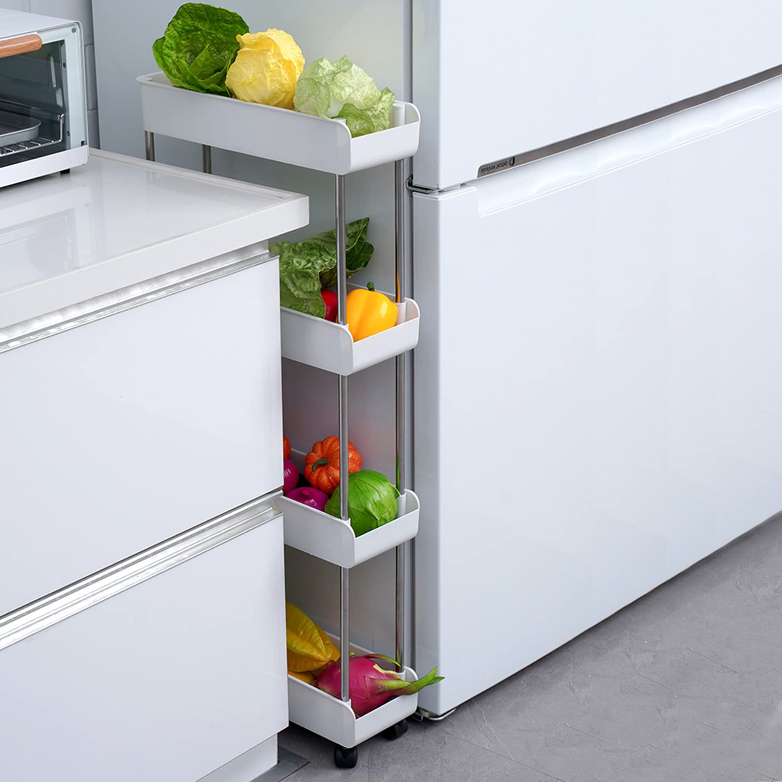 4-Tier Slim Rolling Storage Cart with Wheels - Mobile Shelving Unit for Bathroom, Kitchen, Laundry Room - Space-Saving Organizer for Small Spaces - White | Perfect for Narrow Areas & Closet Organization