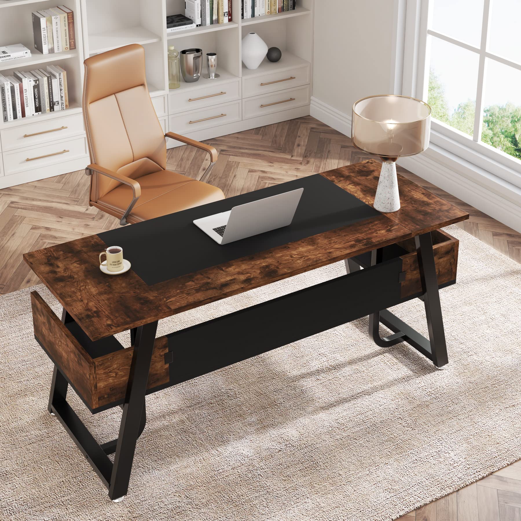 Tribesigns 63 Inch Modern Computer Desk with Storage Shelf - Sturdy Wooden Office Desk with Metal Frame for Home Office, Study, Bedroom | Large Writing Table & Business Workstation (Black Brown) - Perfect for Remote Work, Gaming, and Small Spaces