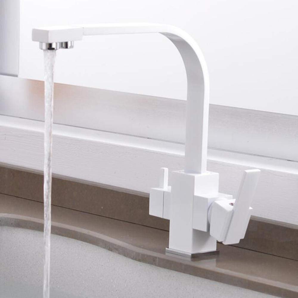 3-Way Rotatable Brass Kitchen Faucet with Water Filter - Hot & Cold Water Dispenser - Multi-Function Pull-Out Sprayer - White (Perfect for Modern Kitchens, Home Renovation & Water Purification)