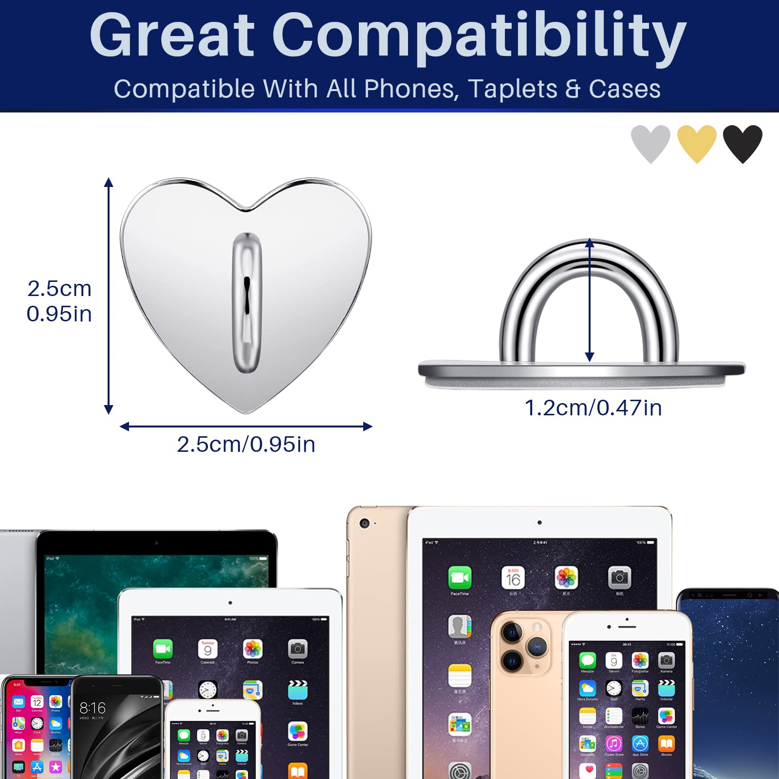 6-Pack Heart Shaped Phone Ring Holder - Universal Adhesive Metal Finger Grip Stand for iPhone, Samsung & Smartphones (Sticky Phone Charm Accessories) - Perfect for Hands-Free Viewing, Selfies & Secure Grip