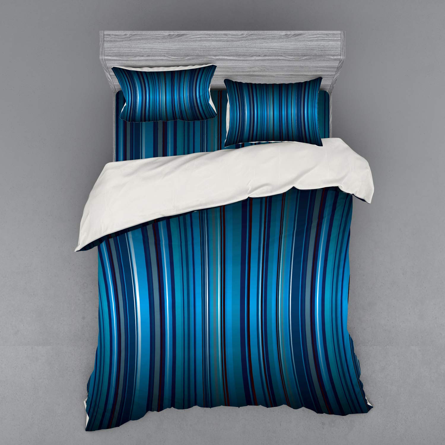 Ambesonne Modern Navy Blue Teal Stripe Bedding Set - Queen Size 4-Piece Duvet Cover with Shams & Fitted Sheet, Vibrant Vertical Line Design | Coastal & Contemporary Bedroom Decor for Home, Guest Room or Vacation House