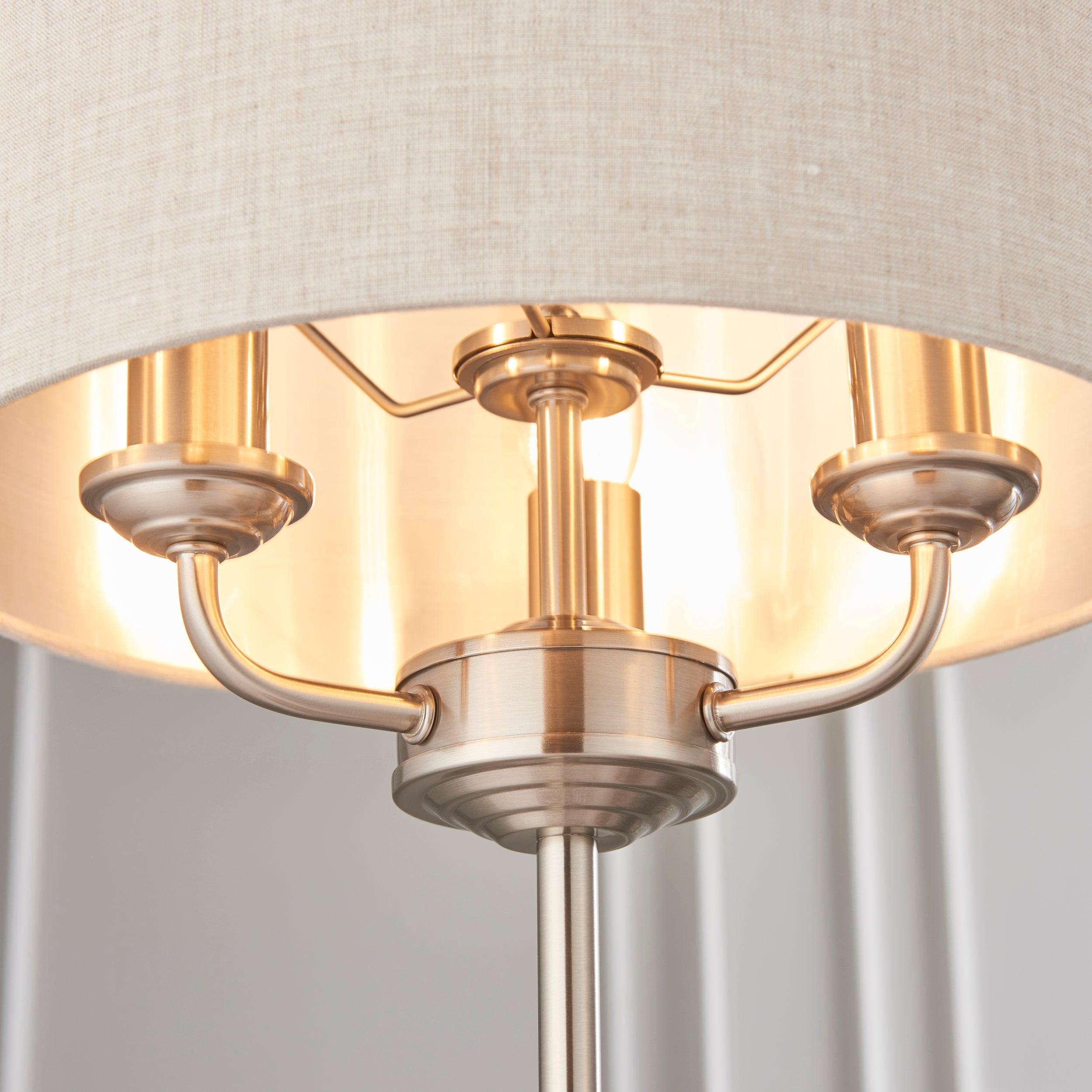 Endon Highclere Brushed Chrome 3-Light Table Lamp with Linen Shade - Perfect for Bedroom Nightstand, Living Room End Table, or Office Desk Lighting