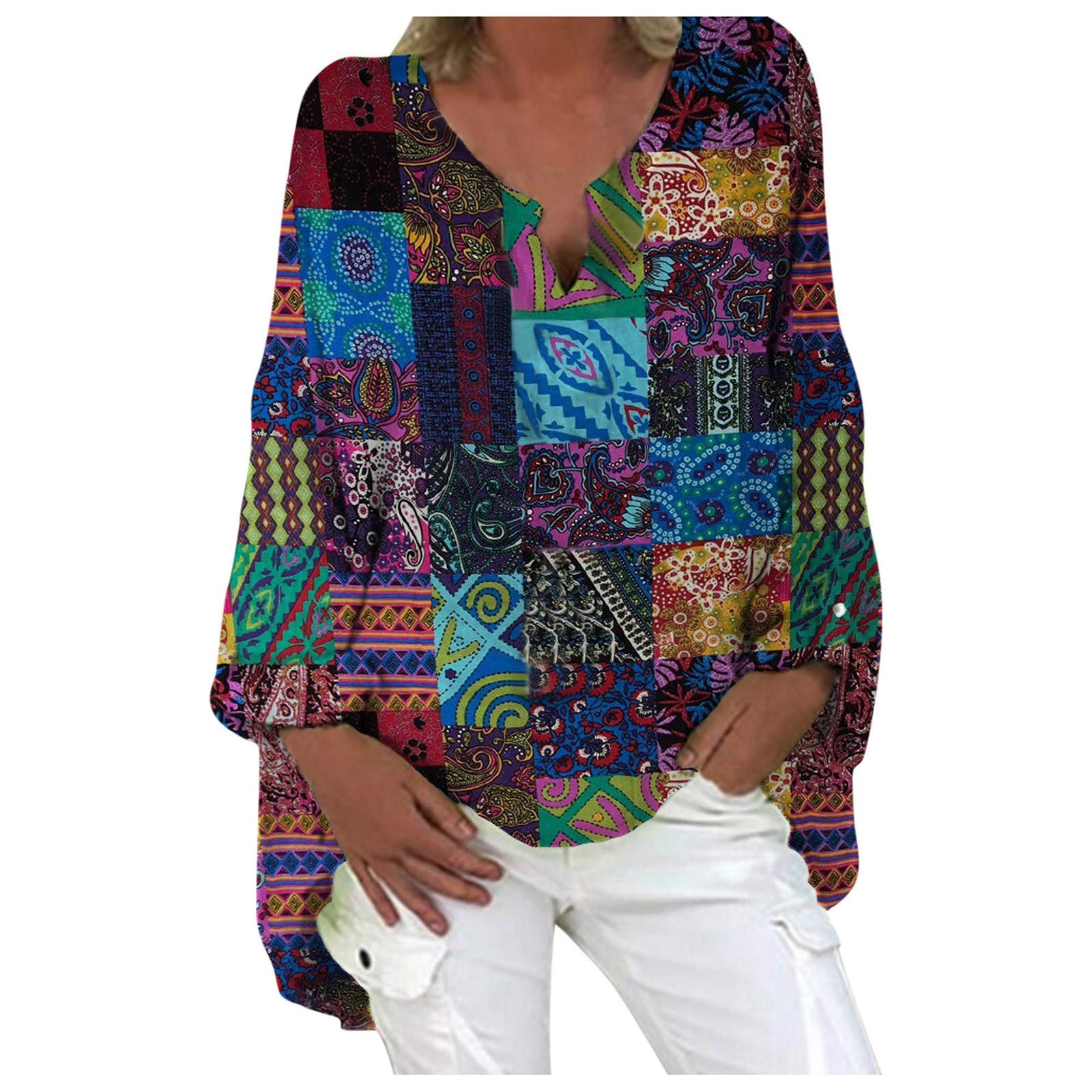 Women's Long Sleeve Bohemian Printed Blouse - Flowy Puff Sleeve Pullover Top with Geometric Patterns for Summer | Casual Wear, Beach Cover-Up, Festival Outfit, Office Chic
