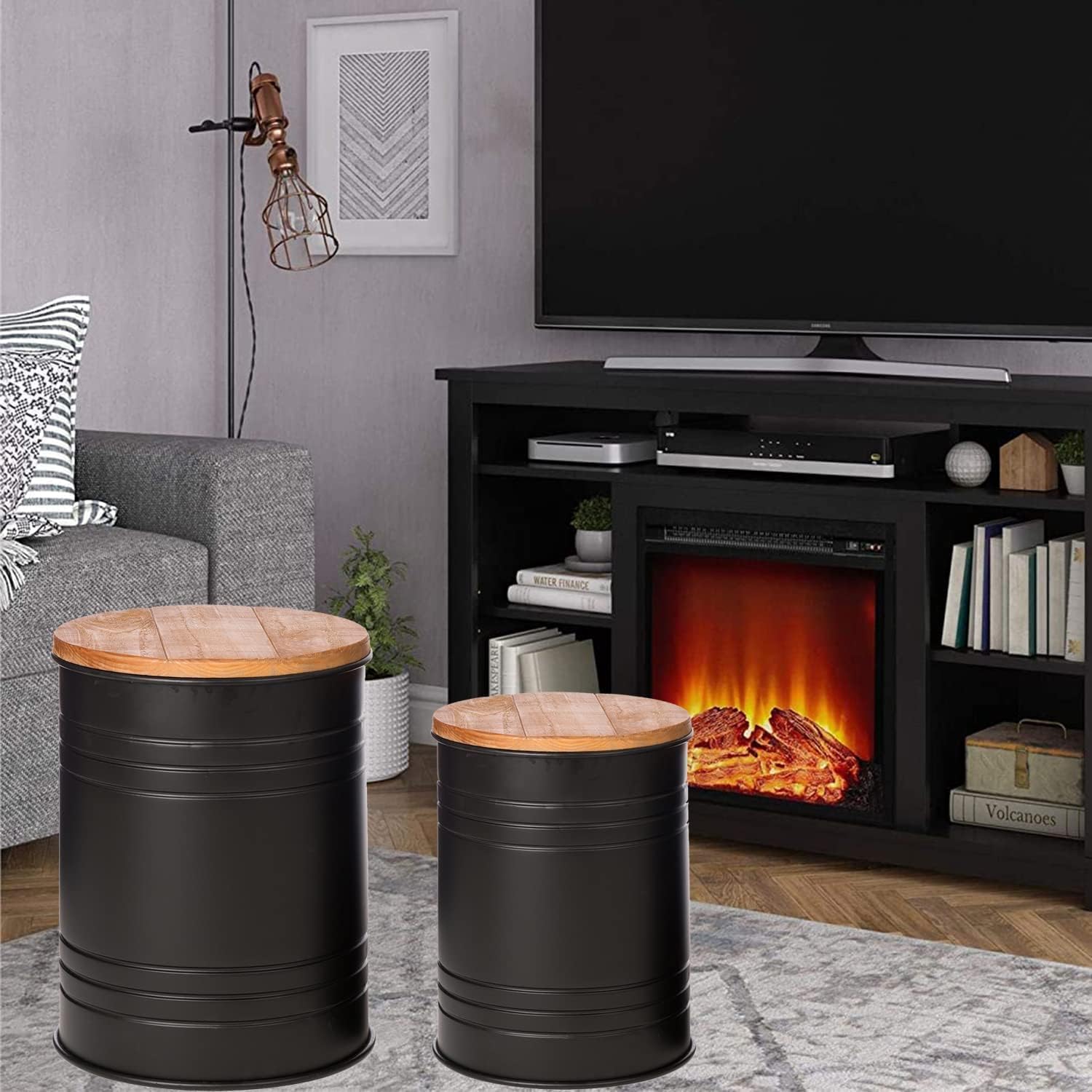 Glitzhome 2-Piece Farmhouse Nesting Tables with Storage Lids - Rustic Metal Barrel Side Tables for Living Room, Bedroom, Office - Black | Perfect for Small Spaces & Home Decor Accents