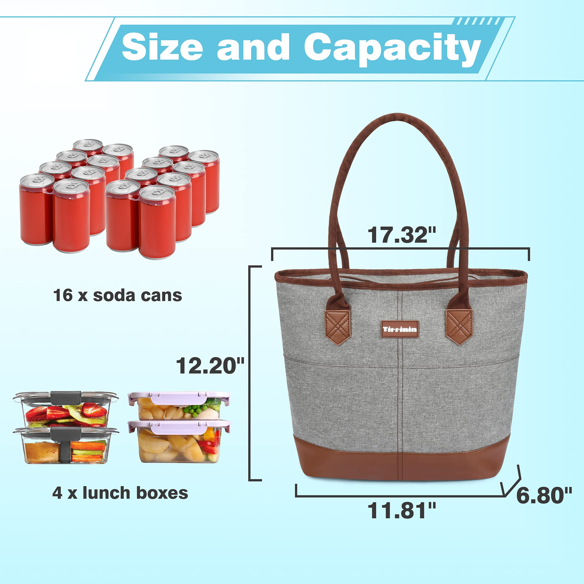 Tirrinia Large Insulated Lunch Tote Bag for Women - Waterproof Leakproof Cooler Bag with Zipper | Perfect for Work, Beach, Grocery Shopping & Keeping Frozen Food Fresh | Stylish Grey Lunch Bag for Adults