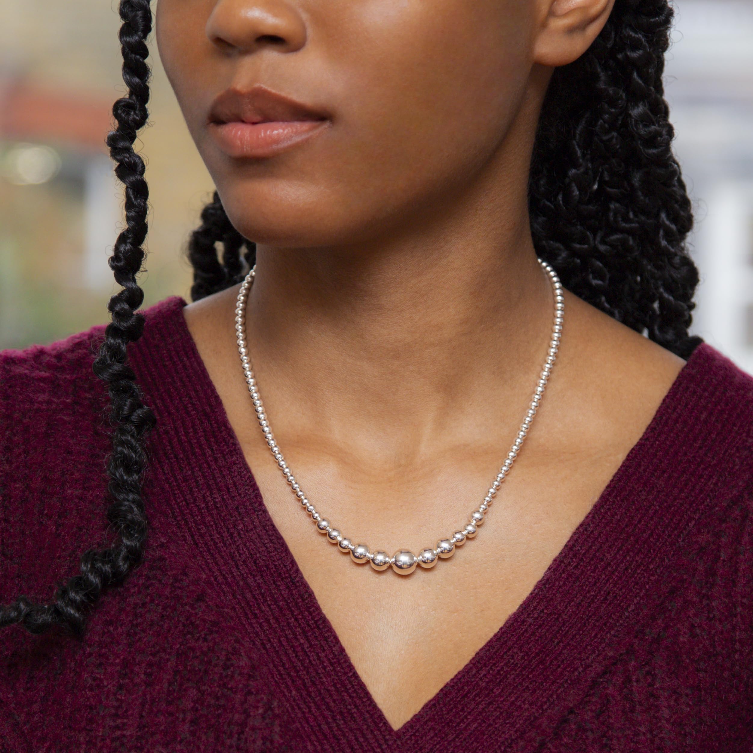 Tuscany Sterling Silver Graduated Beads Necklace for Women - 18 Inch (46cm) Elegant Layered Chain Jewelry for Parties, Weddings & Everyday Wear