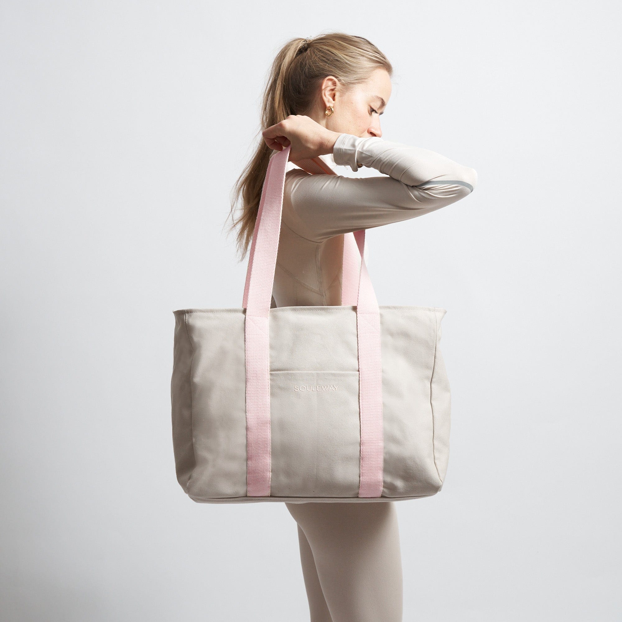 Eco-Friendly Natural Cotton Canvas Yoga Tote Bag - Sand & Pink Colors | Perfect for Yoga Class, Gym, Beach & Travel Accessories