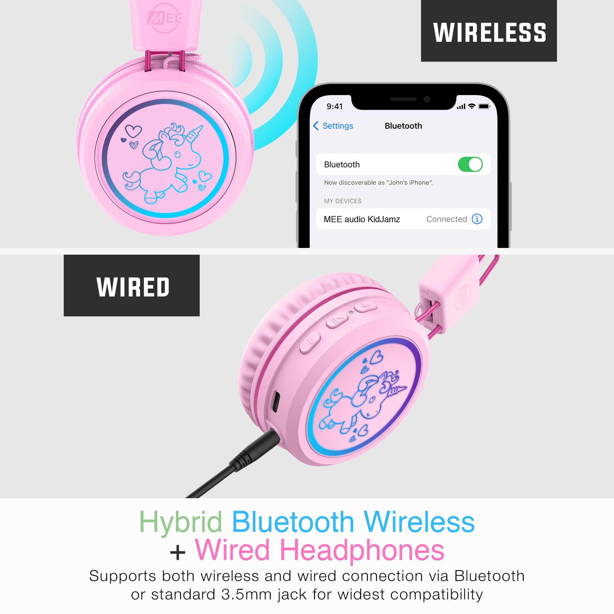 MEE audio KidJamz KJ55BT Bluetooth Wireless Kids Headphones with LED Lights - 85dB Volume Limiter, Built-in Mic & 40H Battery - Safe Listening Headphones for Children - Perfect for School, Online Learning, iPhone, iPad, Tablet & Travel (Pink)