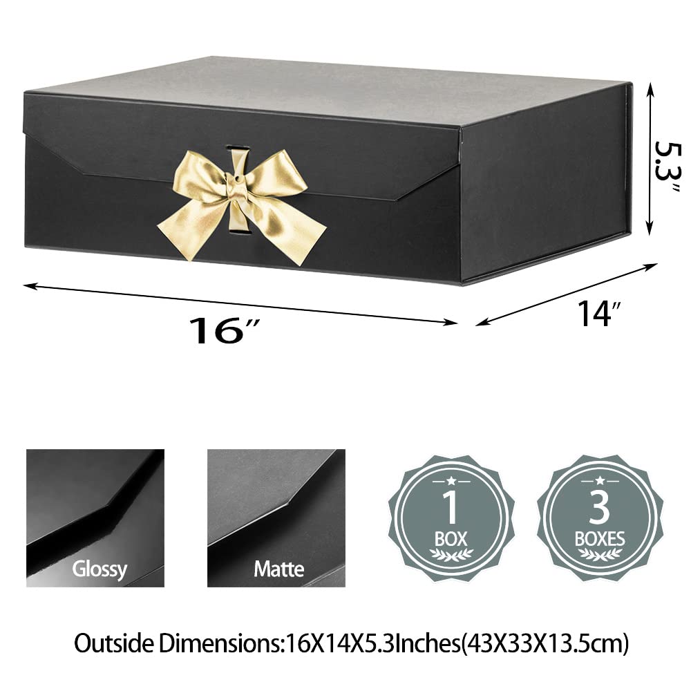 Extra Large Matte Black Gift Box 16x14x5.3 Inches - Magnetic Closure Lid with Ribbon - Collapsible Rectangle Box for Groomsman Proposals, Wedding Gifts, Anniversary Presents & Luxury Packaging