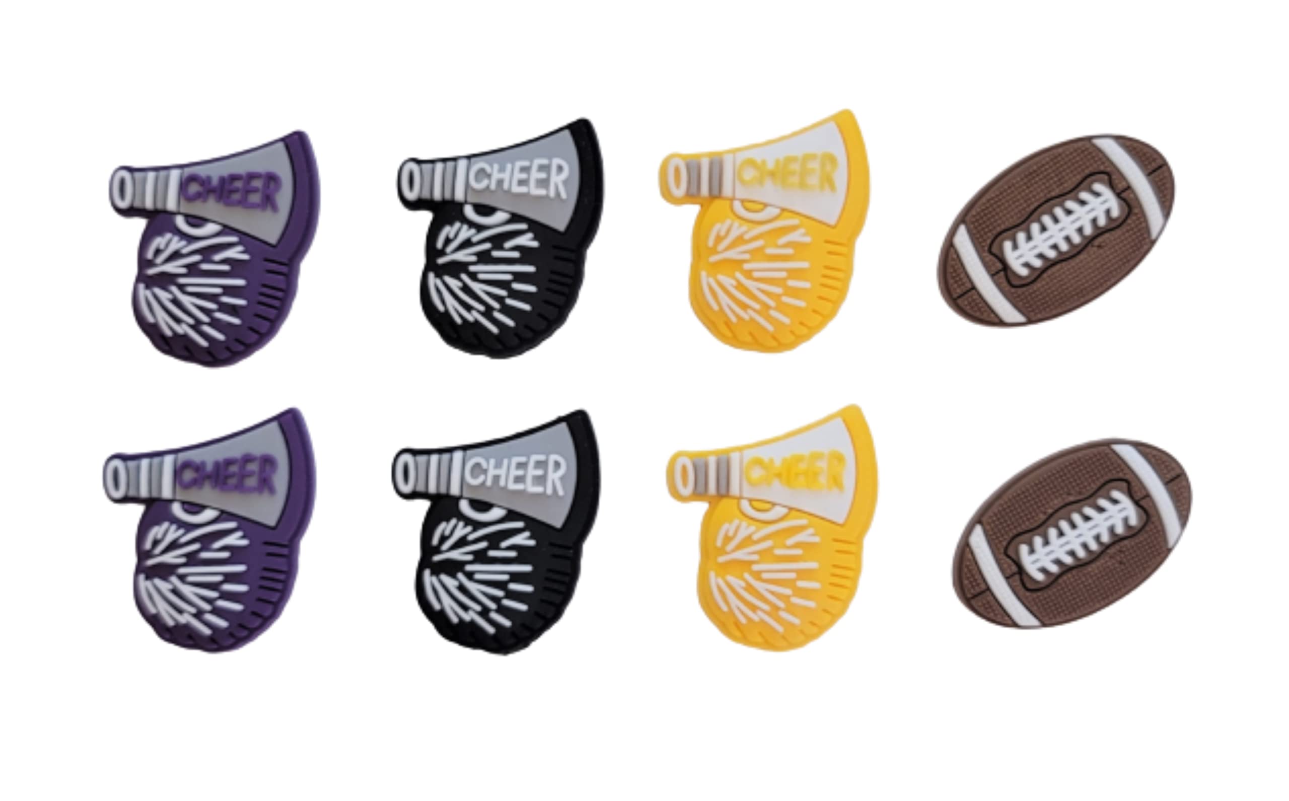 Cheerleader Football Raven Shoe Charms for Crocs Clogs - Set of 8 Purple Black Gold Charms with Wristbands - Perfect for Game Day, Spirit Week & Cheerleading Accessories