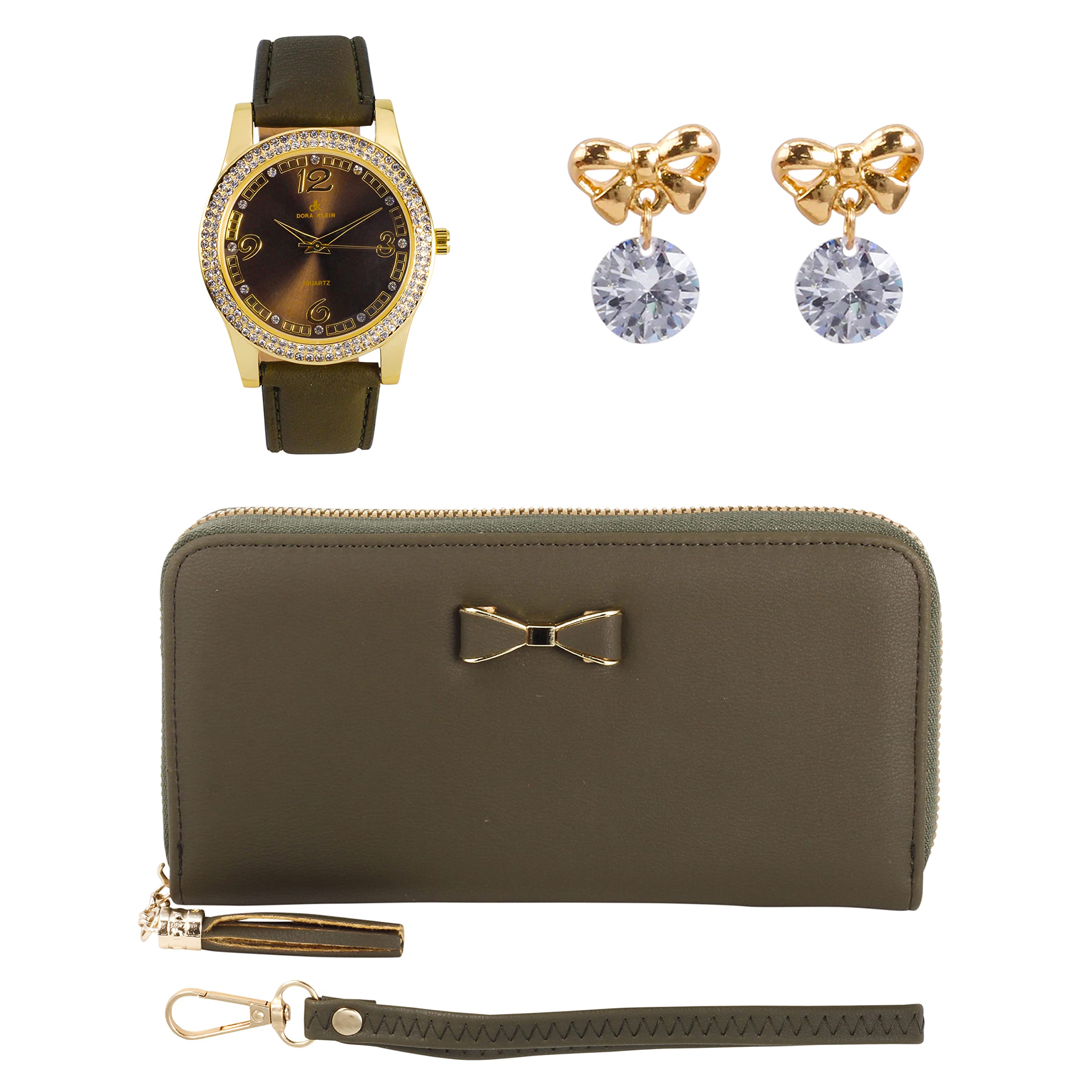 Gino Milano Women's Leather Watch Set with Matching Wallet & Bow Earrings - Elegant Numeral Dial Watch, Leather Band, Fashion Accessories for Work, Party & Daily Wear