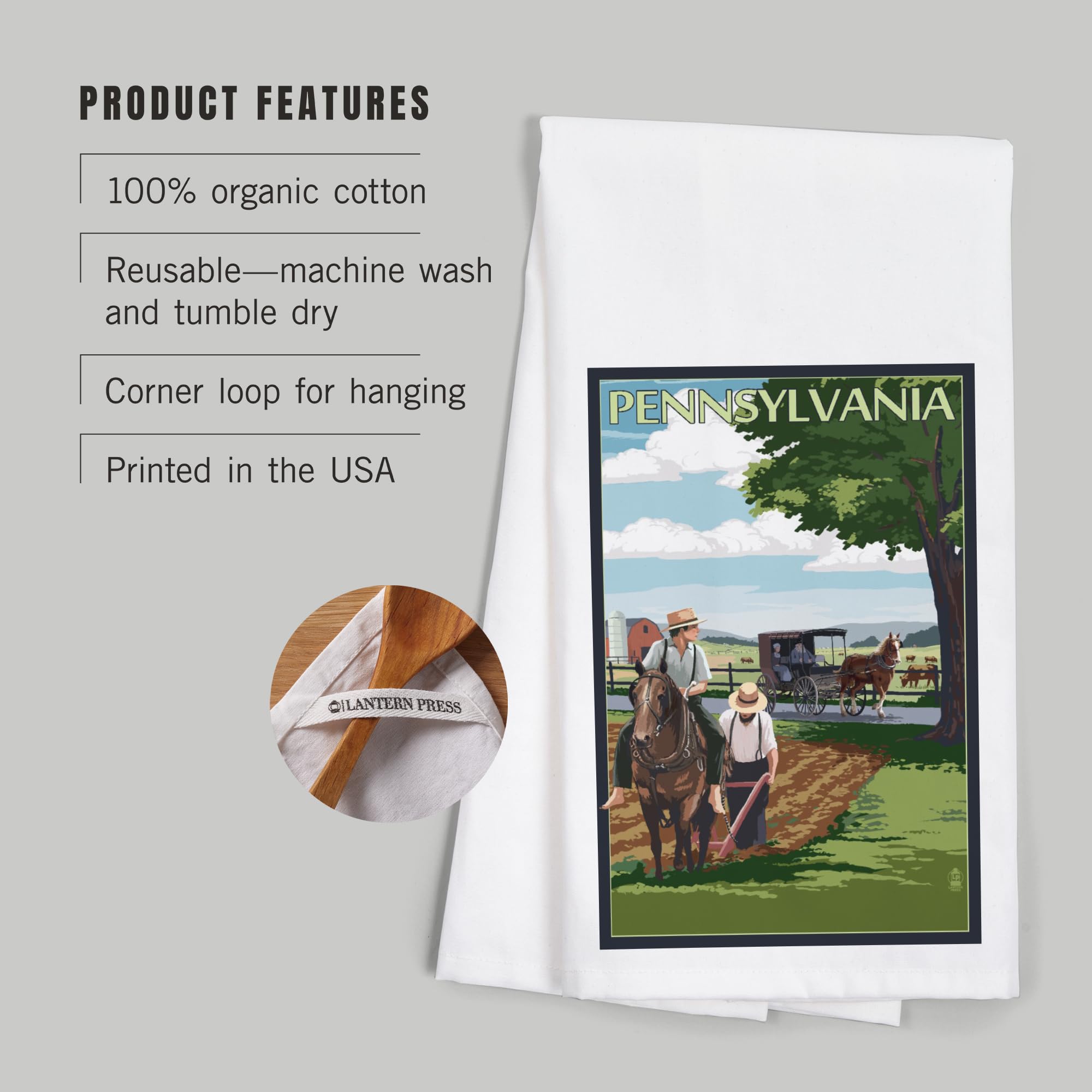 Lantern Press Pennsylvania Amish Farm Scene Tea Towel - 100% Cotton Decorative Hand Towel for Kitchen & Home | Farmhouse Decor, Dish Drying, Gift Idea