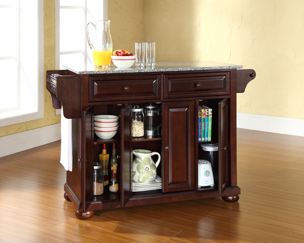 Crosley Alexandria Granite Top Rolling Kitchen Island Cart with Storage - Microwave Stand & Spice Rack - Mahogany Finish for Modern Kitchens & Small Spaces