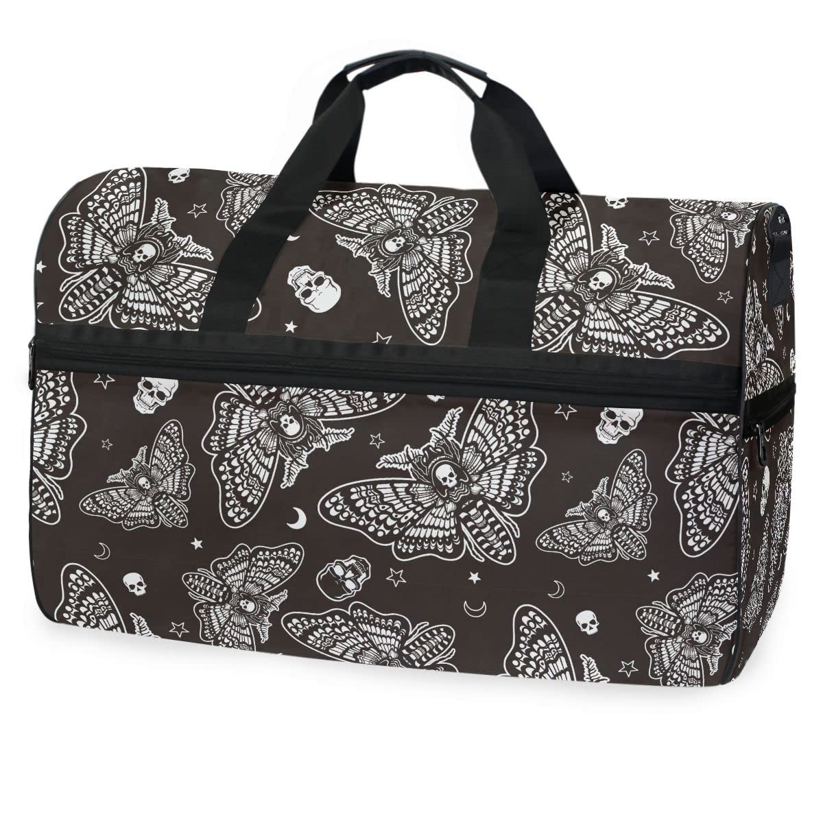 **Gothic Moth Skull Moon Print Gym Bag - Adjustable Strap Duffle Bag for Men & Women - Perfect for Travel, Sports & Overnight Trips - Stylish Occult & Esoteric Design**
