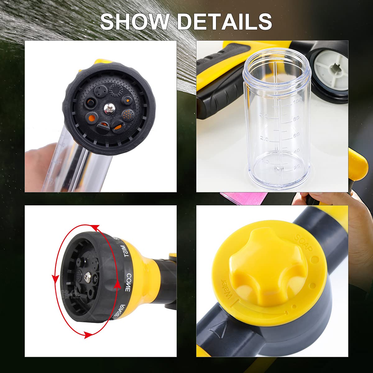 Kamirola 8-in-1 High Pressure Foam Cannon Sprayer - Car Wash Brush, Garden Hose Nozzle, Soap Sprayer for Lawn Cleaning, Patio, Pet Bathing (Black) | Perfect for Home, Auto Detailing & Outdoor Cleaning