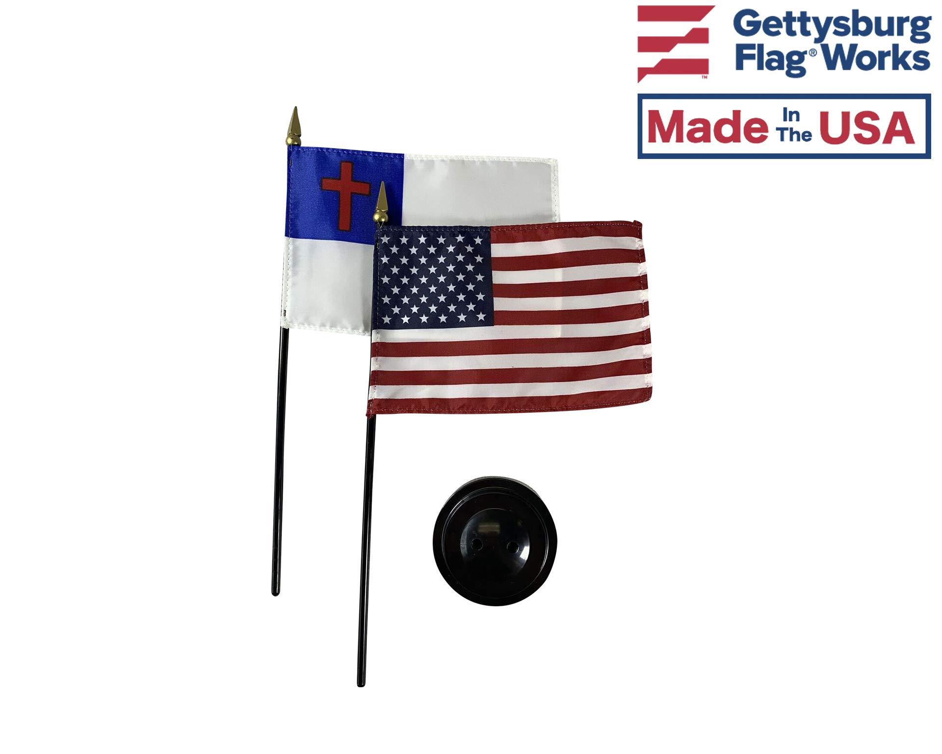 Set of 3 4x6 Inch E-Gloss Christian Stick Flags with U.S. Stick Flag & 2 Plastic Table Bases - Made in USA - Perfect for Church Events, Patriotic Celebrations & Home Decor