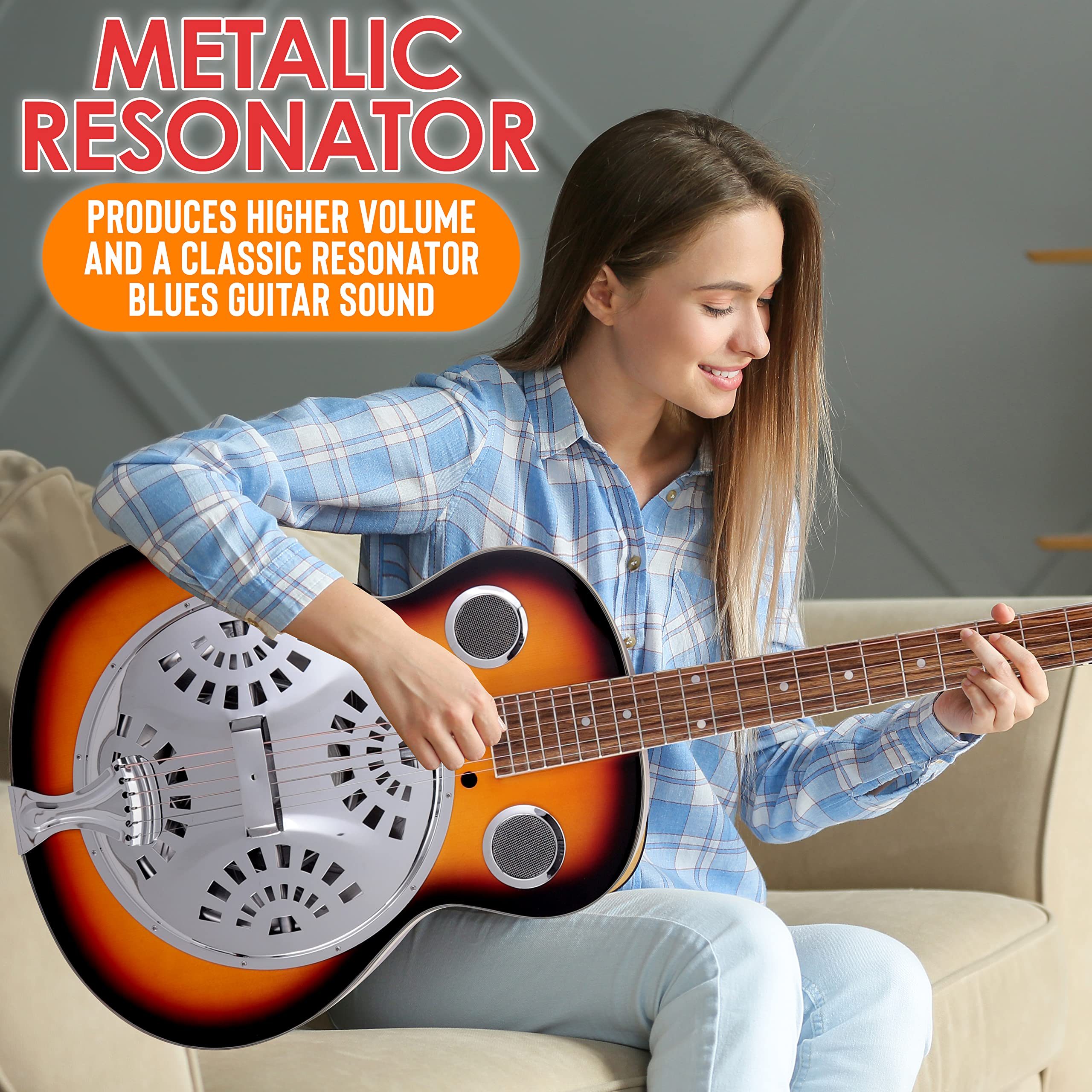 Pyle Resophonic Acoustic-Electric Guitar 6-String Sunburst with Built-in Preamp - Includes Hard Case & Accessories Kit for Professional Performances & Home Practice