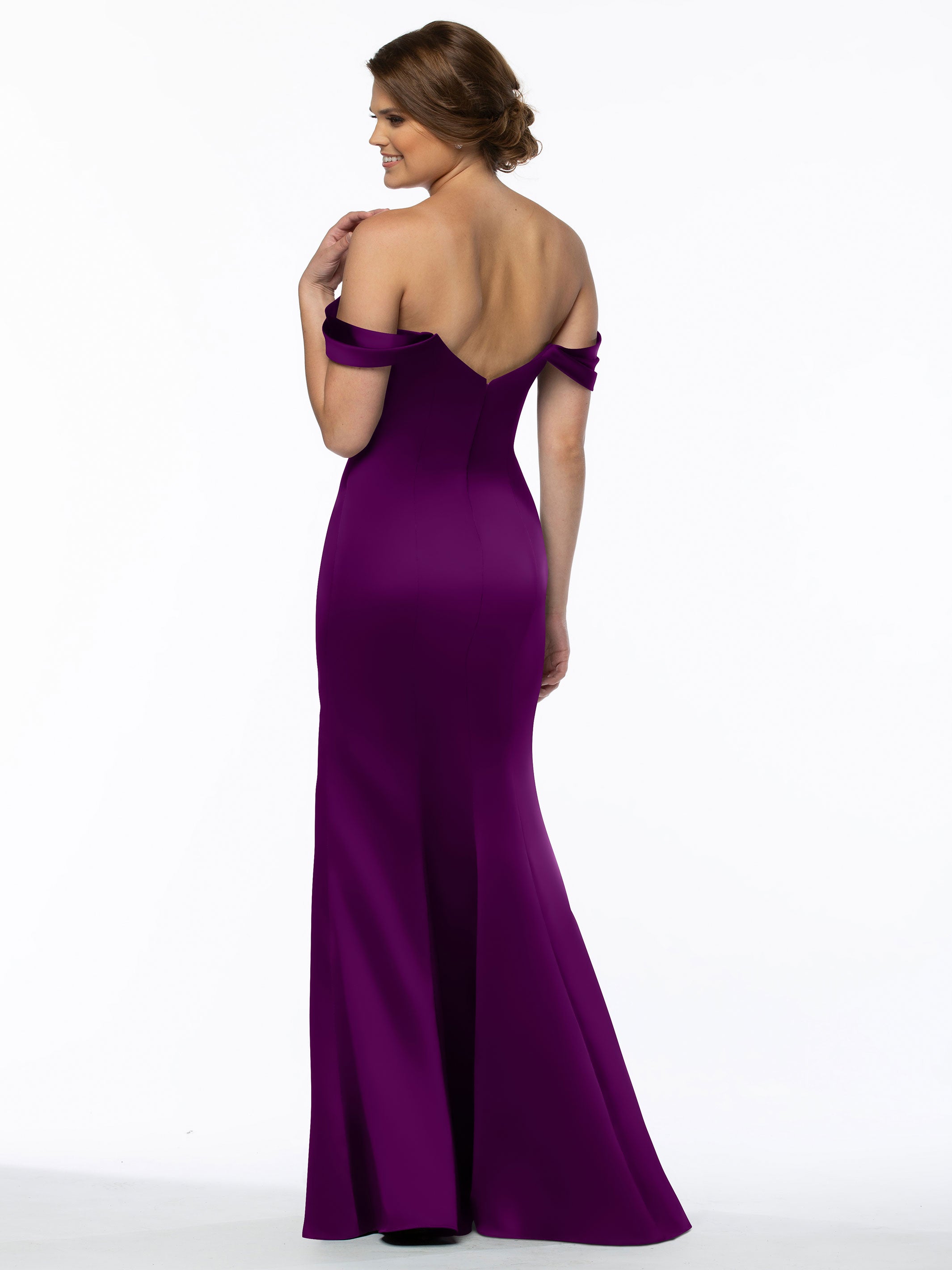 Elegant 80151 Fitted Satin Bridesmaid Dress with Off-The-Shoulder Sleeves - Perfect for Weddings, Formal Events & Special Occasions