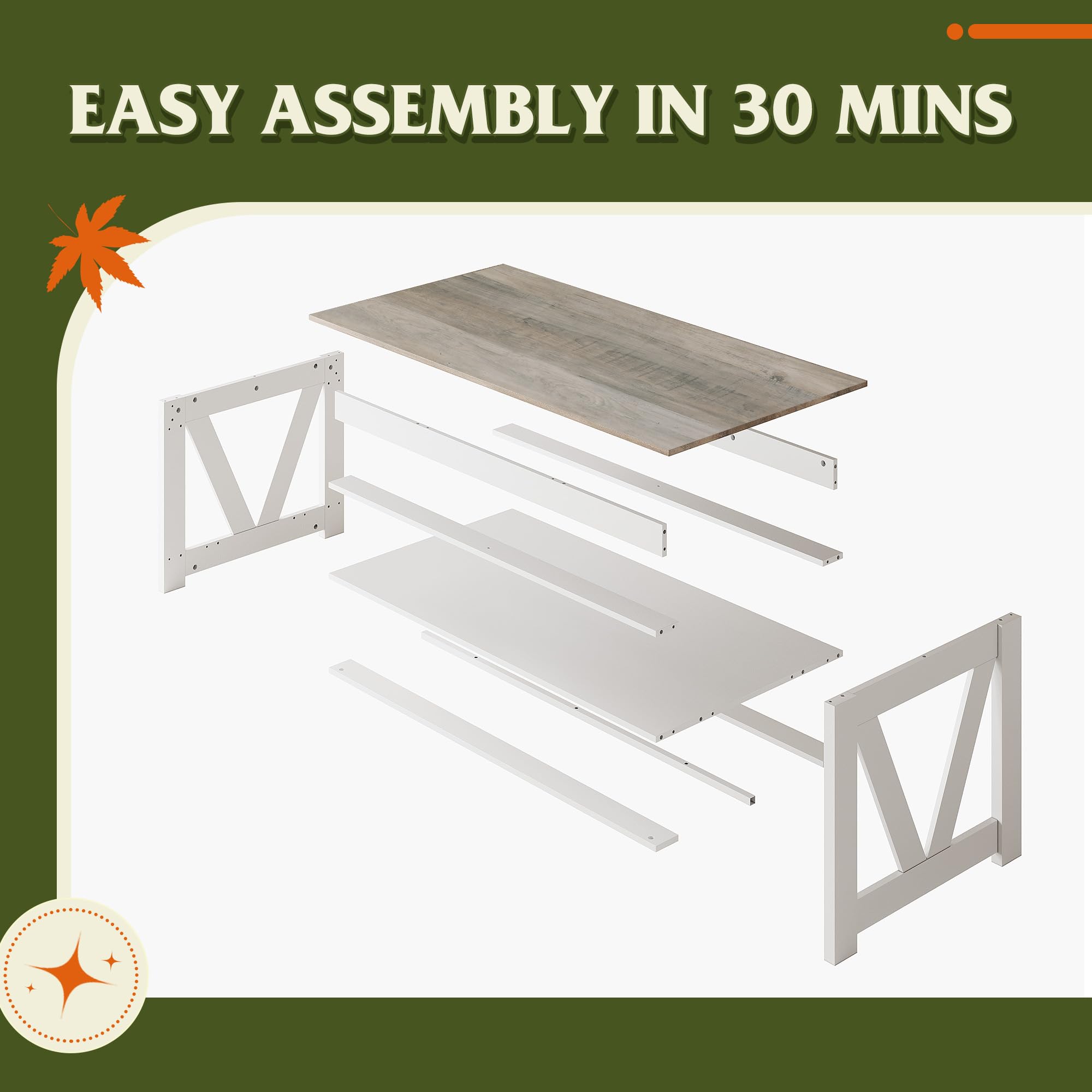 43 Inch Farmhouse Coffee Table with Storage Shelf & V-Shaped Support - Solid Wood Living Room Center Table for Bedroom, Office, Balcony - White | Rustic Home Decor, Perfect for Small Spaces & Coffee Lovers