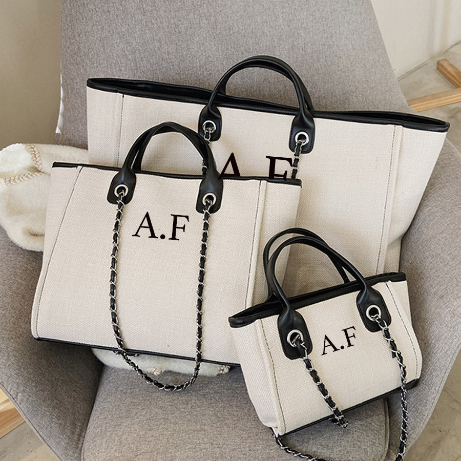 Personalized Initial Chain Tote Bag for Women - Carnaby London Ivory & Black Monogram Purse - Perfect for Work, Travel & Everyday Use