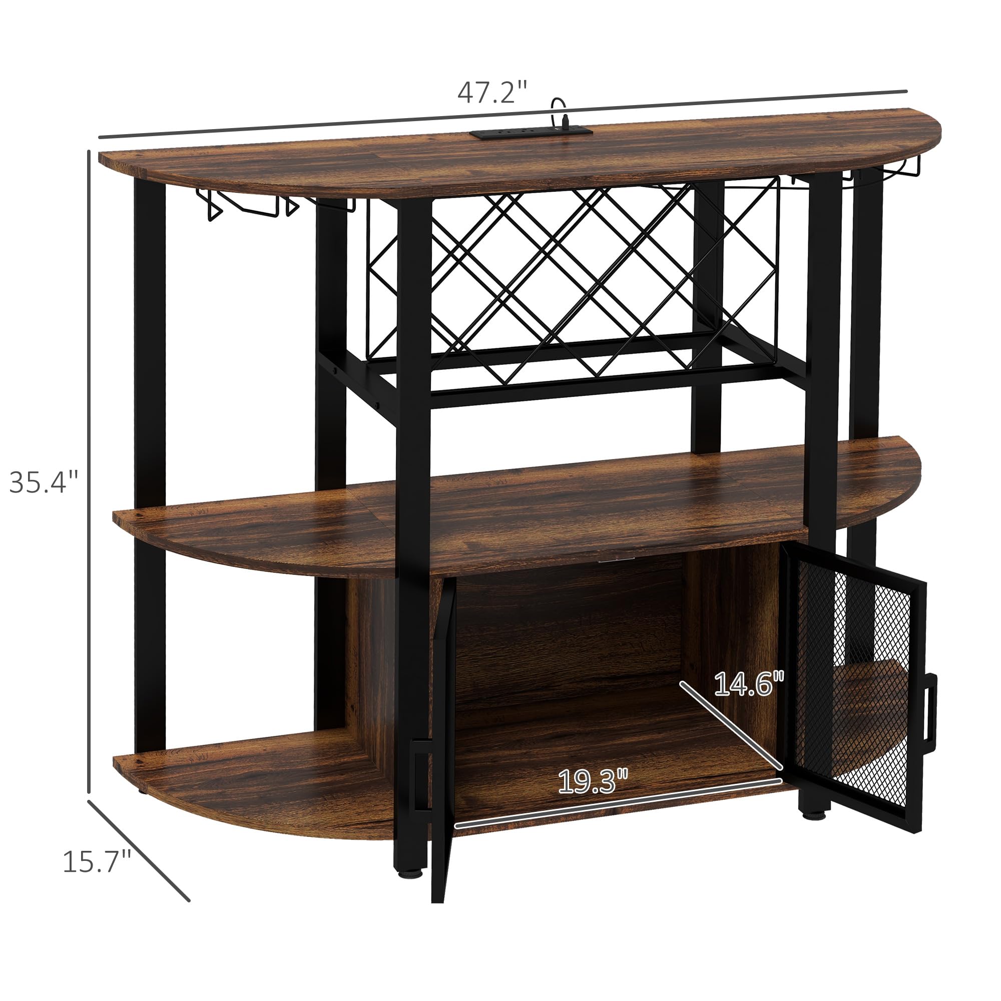 HOMCOM Industrial Wine Bar Cabinet with USB Charging Station, LED Lights & 10-Bottle Rack - Rustic Brown Liquor Storage with Glass Holders, Mesh Doors & Open Shelves - Perfect for Home Bars, Man Caves & Entertaining Guests