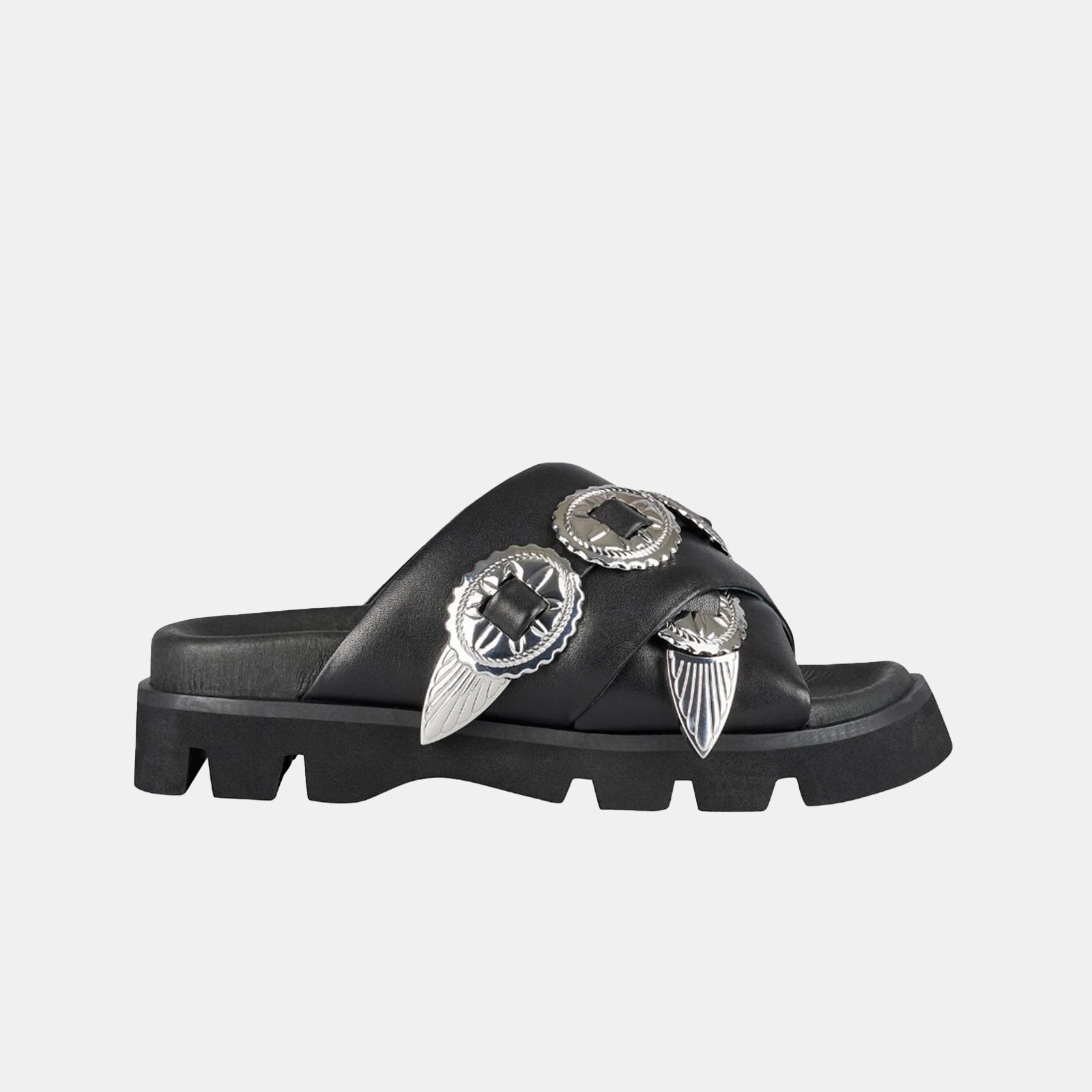 Concho Footbed Sandals for Women - Black & Silver Western Style Comfortable Slide Sandals | Perfect for Casual Wear, Summer Outfits, and Cowgirl Fashion