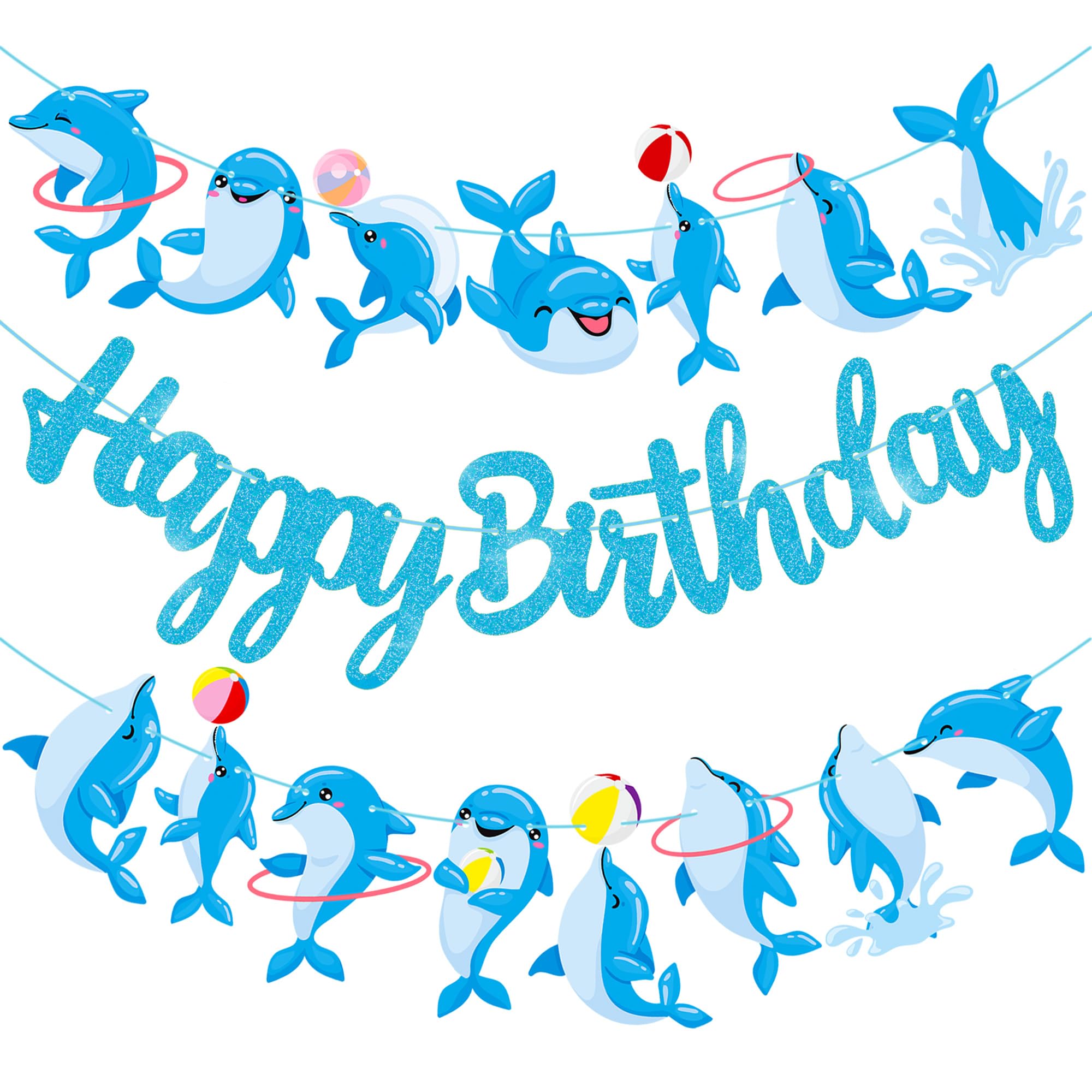 Blue Glitter Dolphin Happy Birthday Banner - Under the Sea Themed Party Decorations for Birthday & Baby Shower - Ocean Animal Theme Party Supplies (Perfect for Kids' Birthday Parties, Baby Showers & Nautical Events)