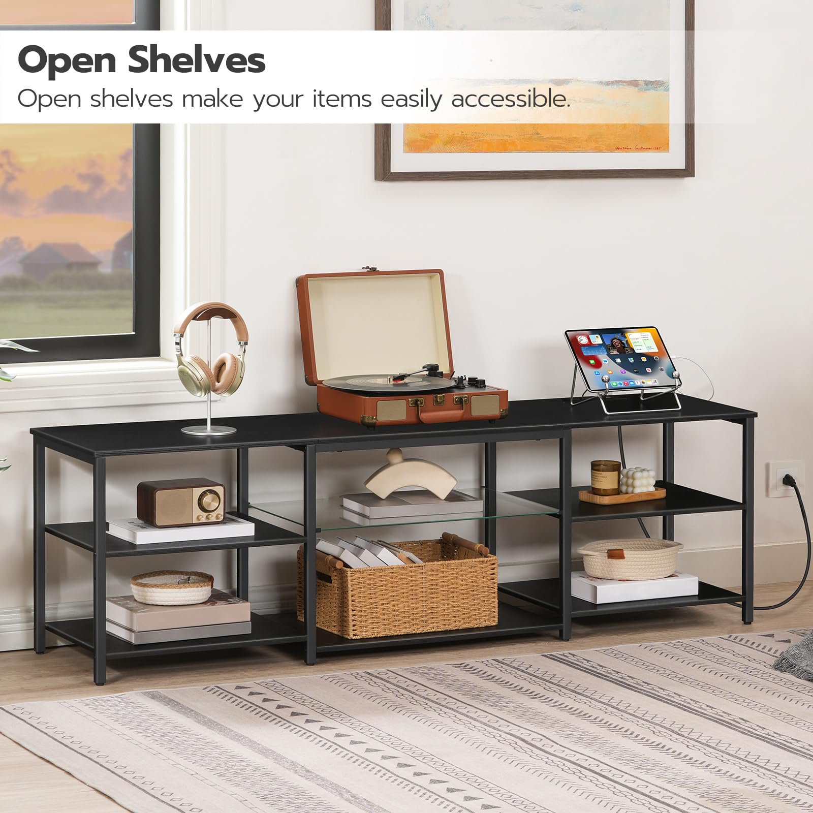 HOOBRO 75 Inch LED TV Stand with Charging Station & 3-Tier Open Storage - 63