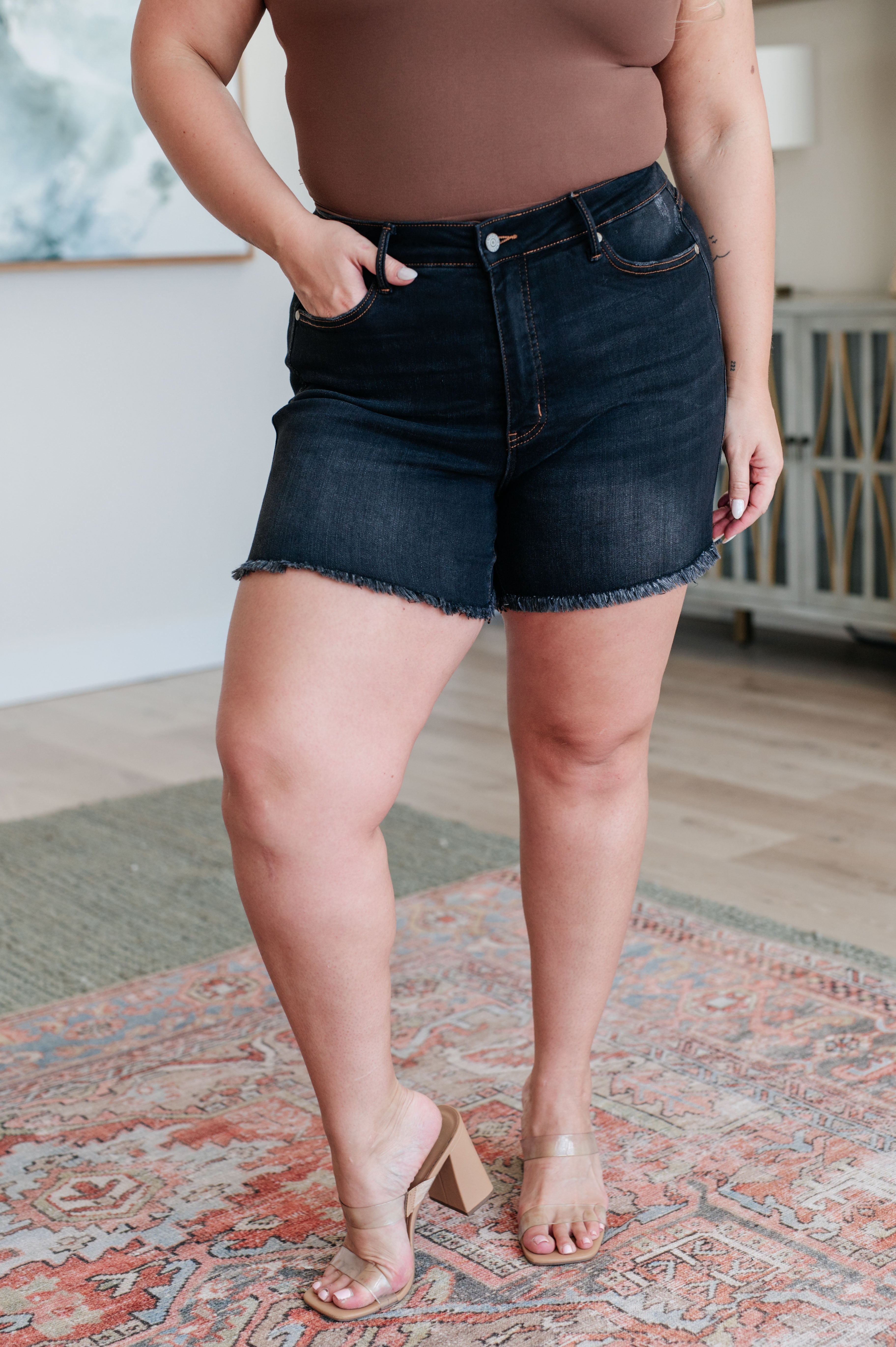 Ember High Rise Control Top Fray Hem Shorts - Women's Comfortable Stretchy Denim Shorts for Summer | Perfect for Casual Outings, Beach Trips & Street Style