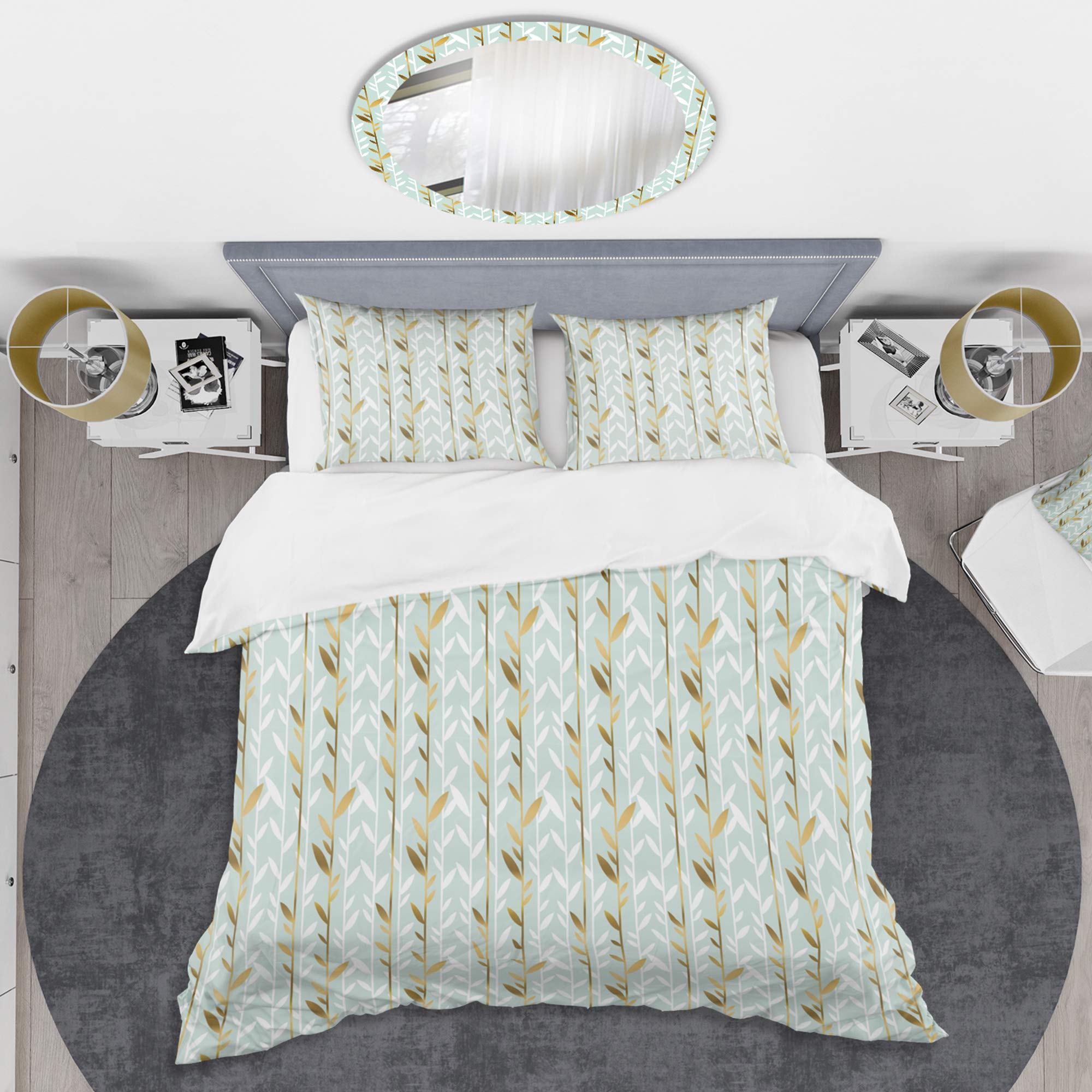 Mid-Century Modern Blue Duvet Cover Set Queen Size - 3 Piece Golden Foliage Design Bedding Set for All Seasons | Perfect for Boho Chic Bedrooms & Guest Room Decor
