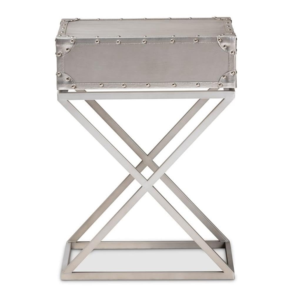 BOWERY HILL French Silver Metal 1-Drawer Nightstand - Elegant Bedside Table for Bedroom Decor | Compact Storage Solution for Small Spaces