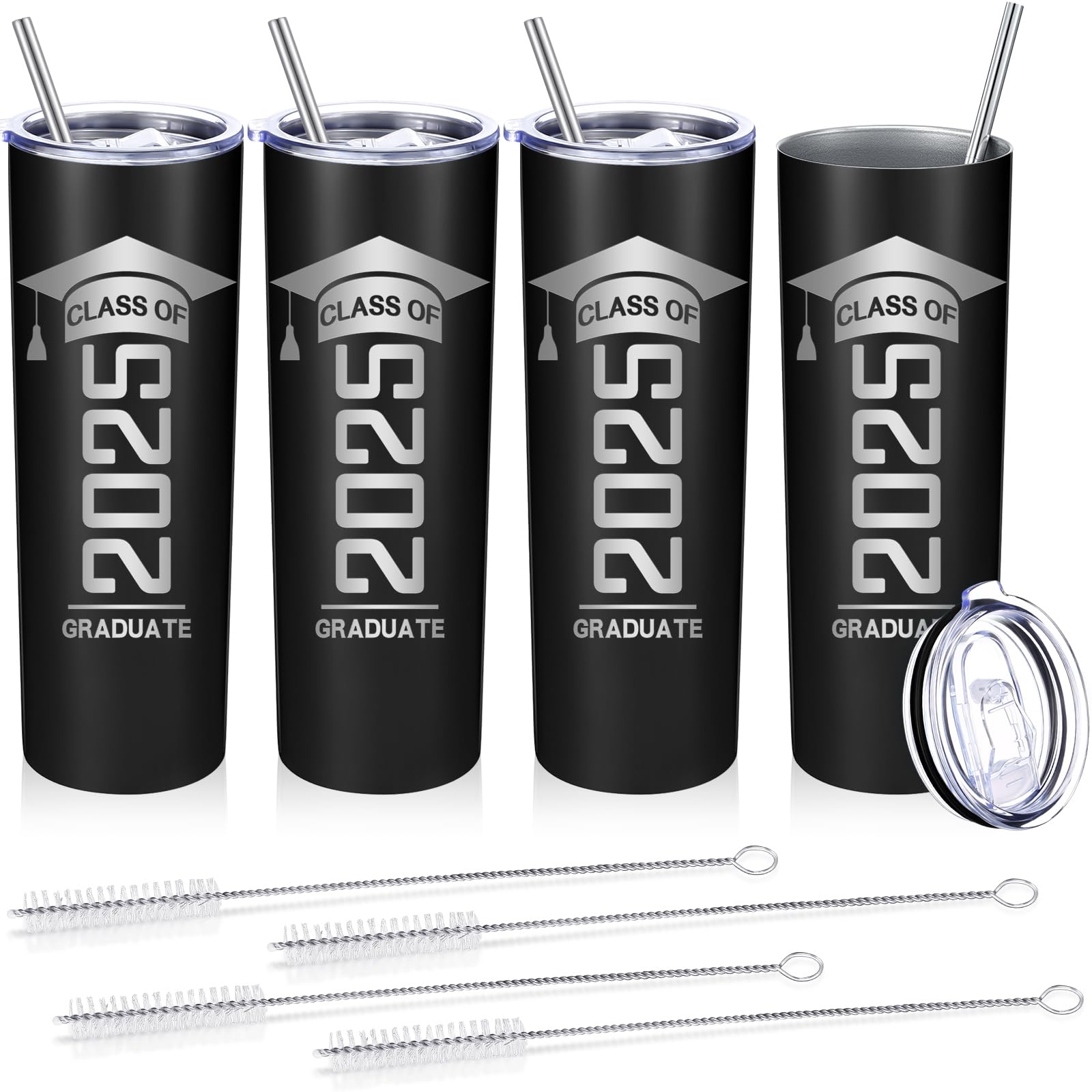 Patelai 4-Pack Class of 2025 Graduation Tumblers - Insulated Water Bottles with Lid, Straw & Brush - Perfect Graduation Gifts for Her, Him, Daughter, Son & Friends (Black) | Great for School, College Ceremonies & Travel