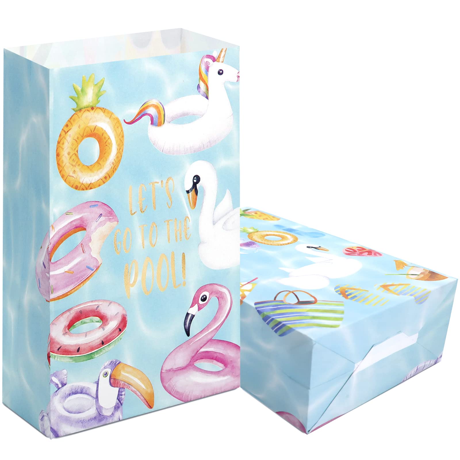 24 PCS Waterproof Pool Party Favor Bags with Fun Stickers - Candy & Goodie Gift Treat Bags for Kids - Perfect for Summer Pool Parties, Birthday Celebrations & Beach Themed Events