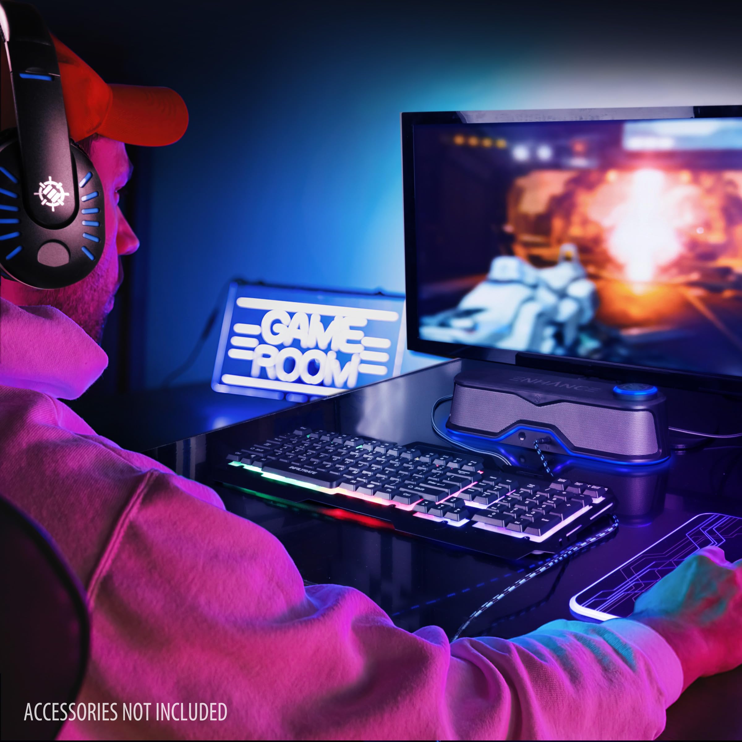 ENHANCE SB1 USB Powered Computer Soundbar - 10W Peak High Excursion Under Monitor Speaker with LED Volume Control & Headset Pass Through | Perfect for Gaming, Home Office & PC Multimedia Entertainment